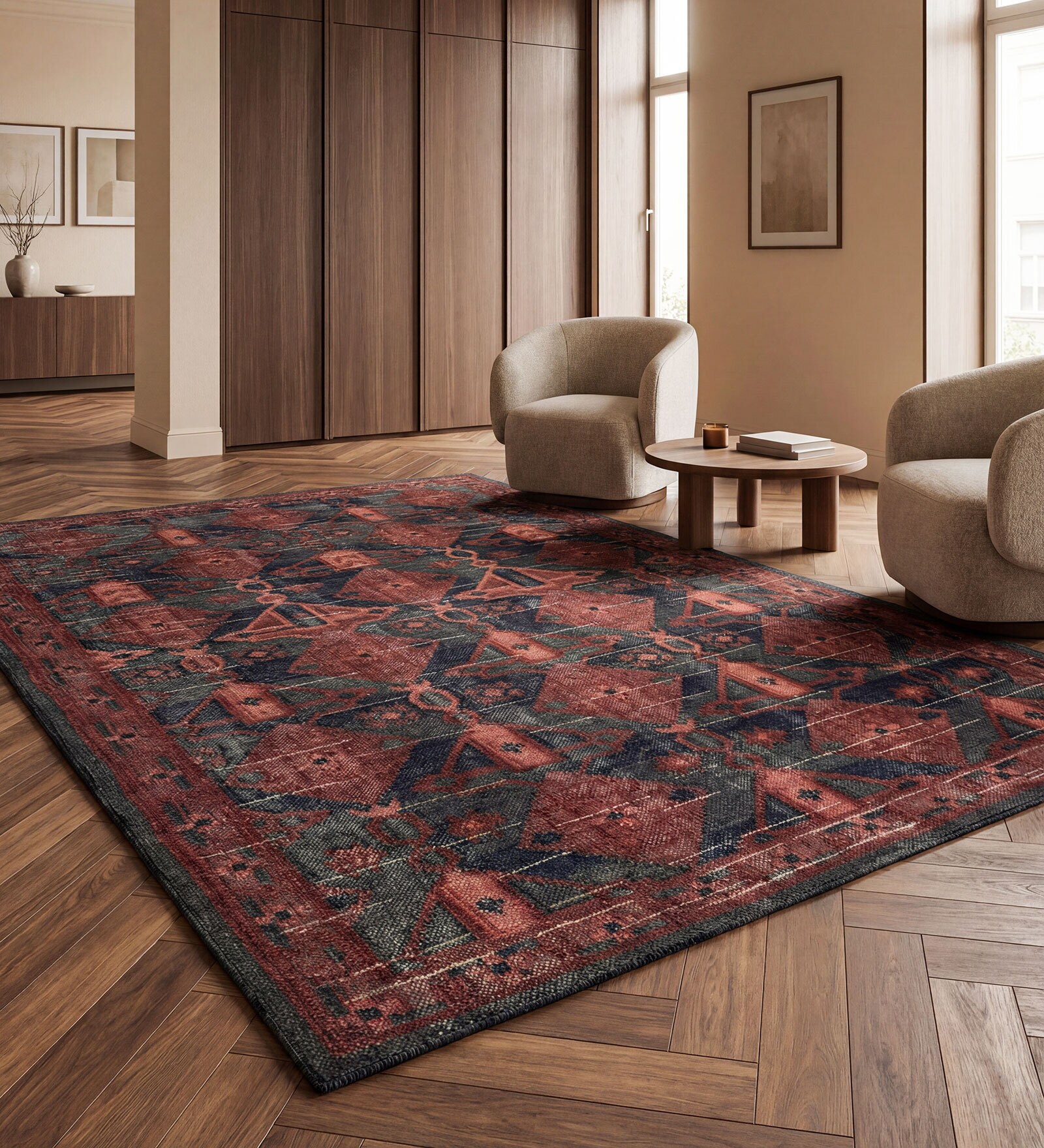 Soft Tribal Geometric Rug 5'6X7'6 ft| Ribbon Red & Deep Navy Carpet Dhurrie