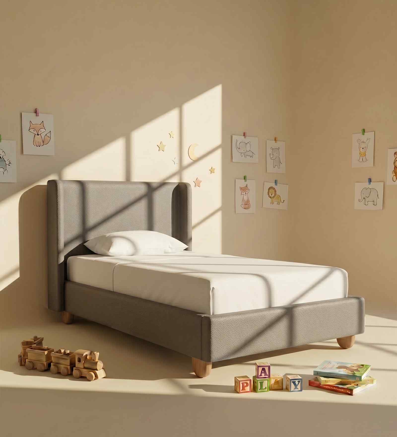 Soft Velvet Suede Kids Toddler Bed With Box Storage In Brown Colour