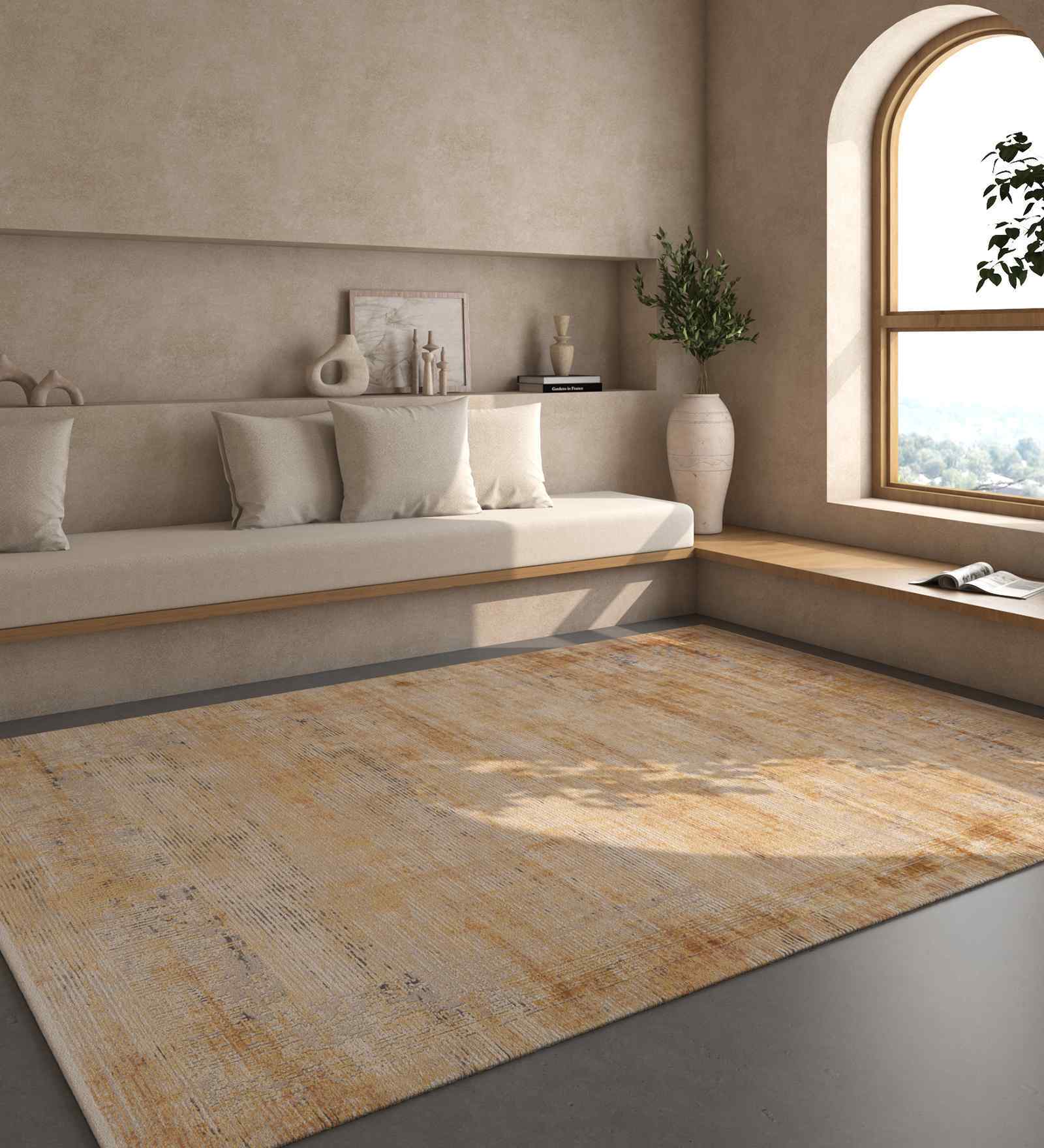 Yellow And Grey Vintage Acrylic 6.5X9 Feet Machine Made Carpet