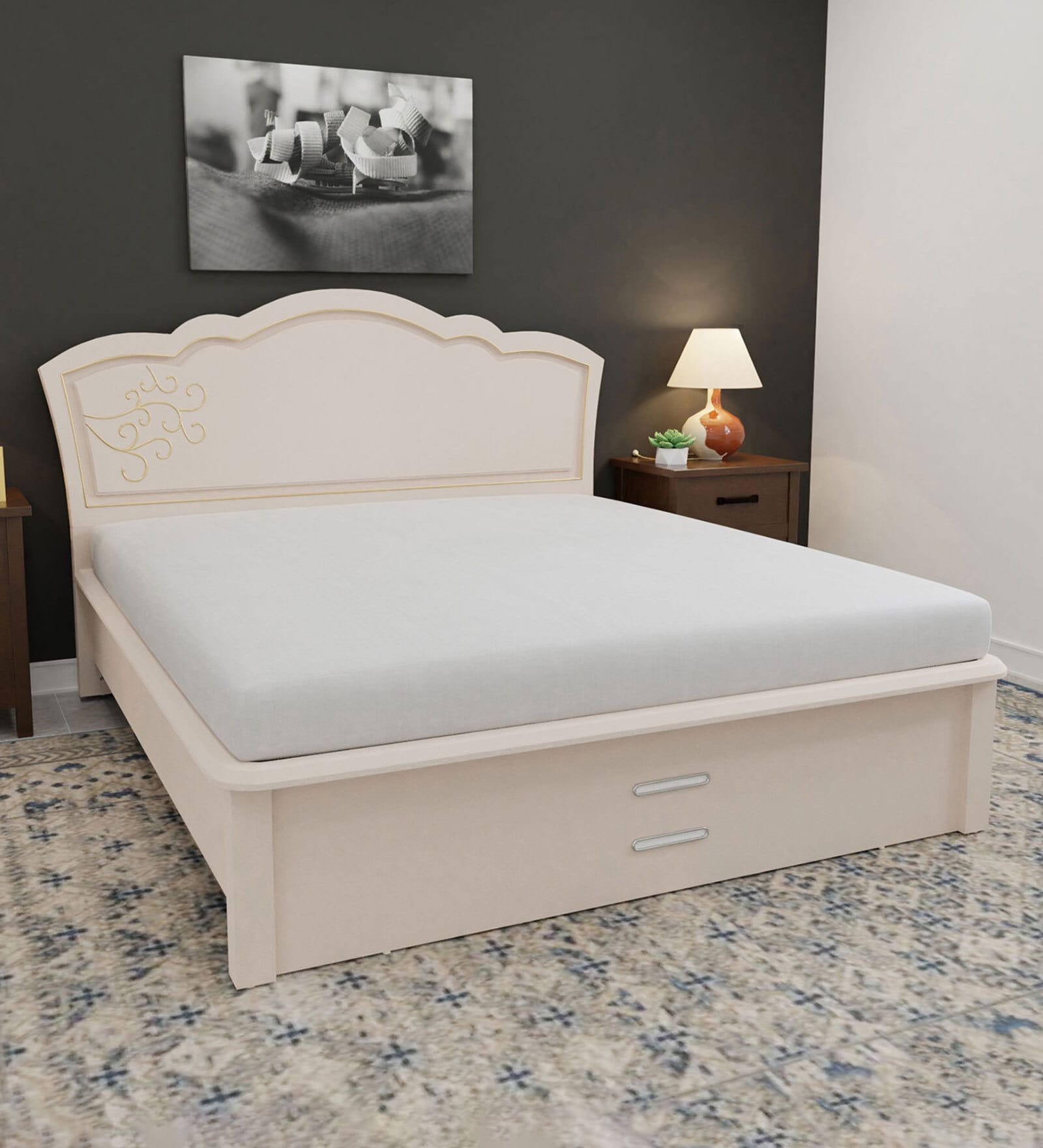 Solace King Size Bed In White Finish with Hydraulic Storage