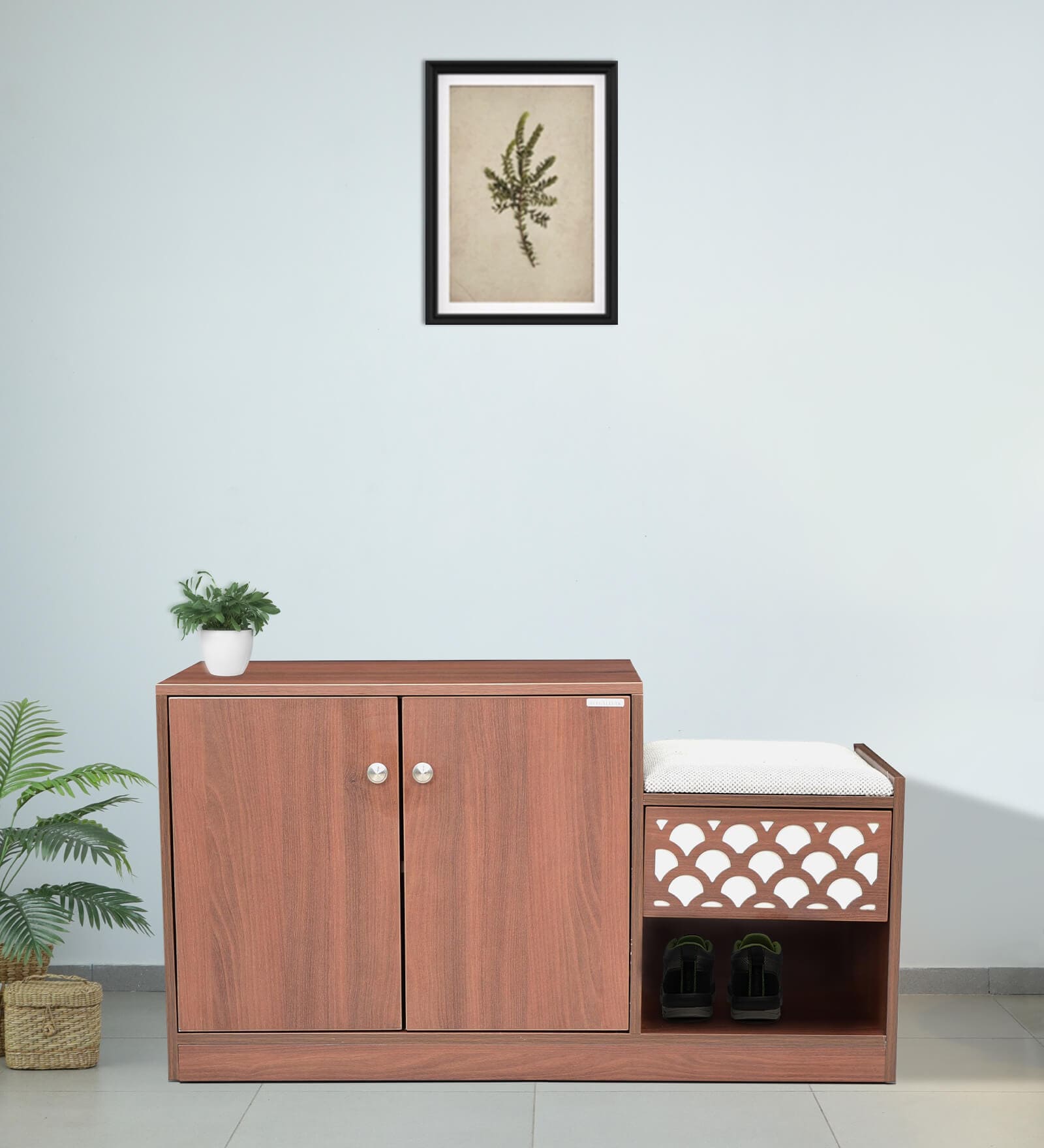 Solace Shoe Rack With Seating in Brown Finish Solace Shoe Rack With Seating in Brown Finish