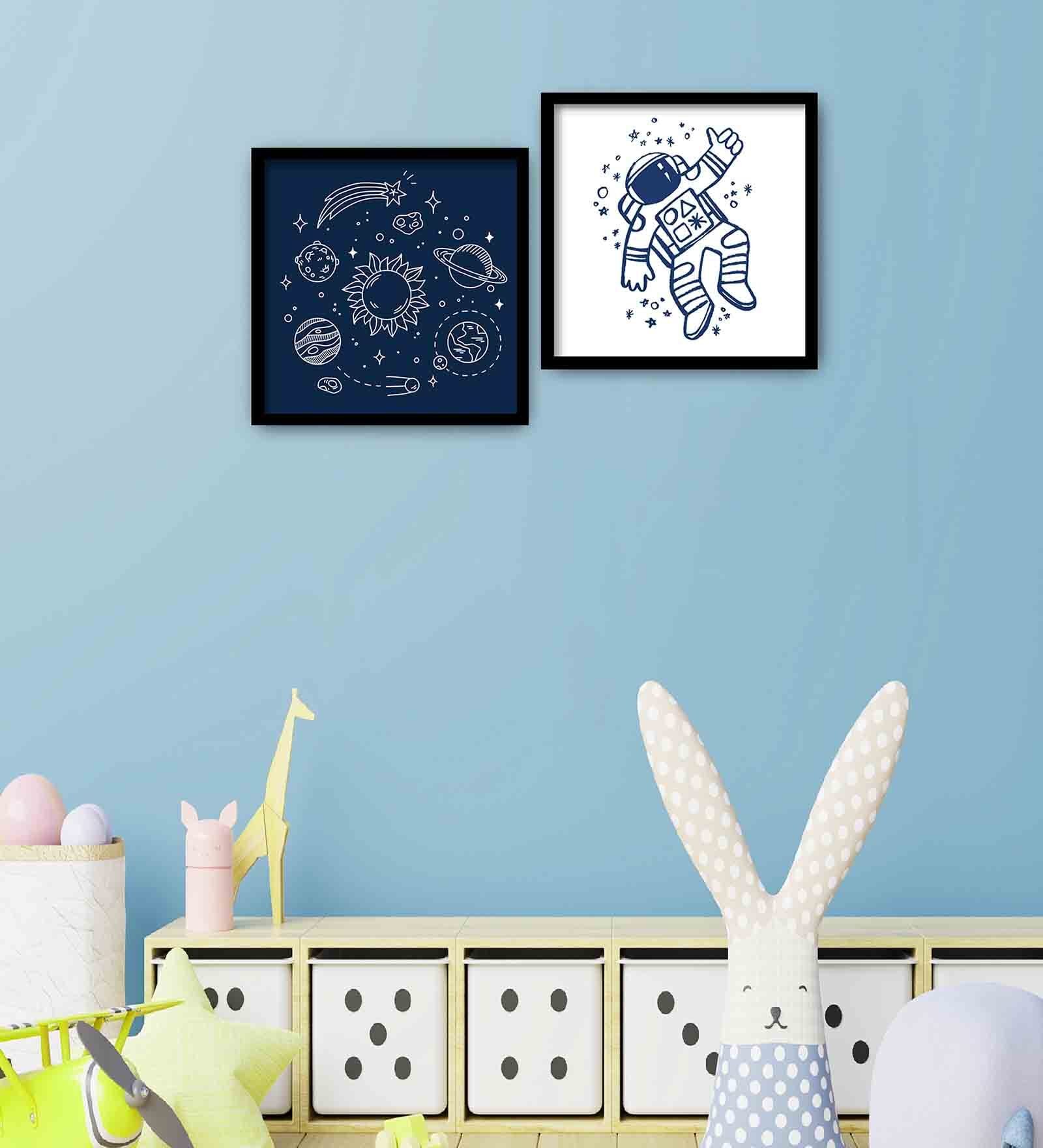 Solar System Blue Engineered Wood Framed Art Print Set of 2