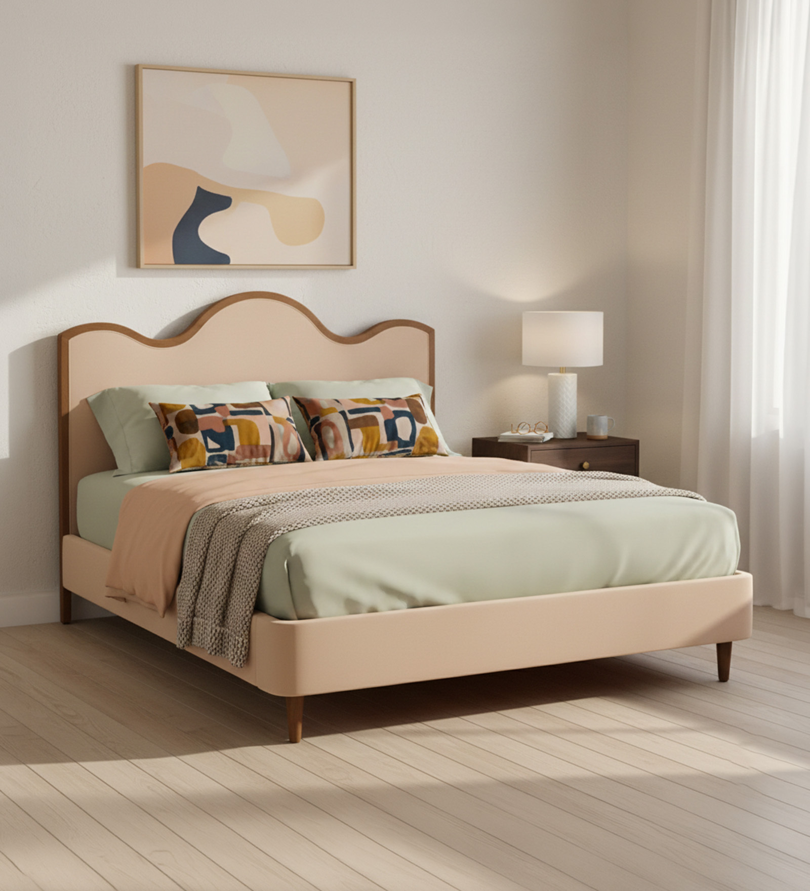 Solara Wave Luxe Bed in velvet With Oak wood Frame & Hydraulic Storage