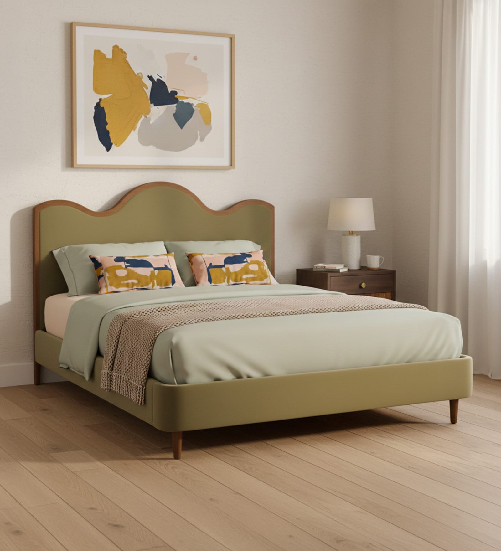 Solara Wave Luxe Queen Size Bed in velvet With Oak wood Frame & Hydraulic Storage