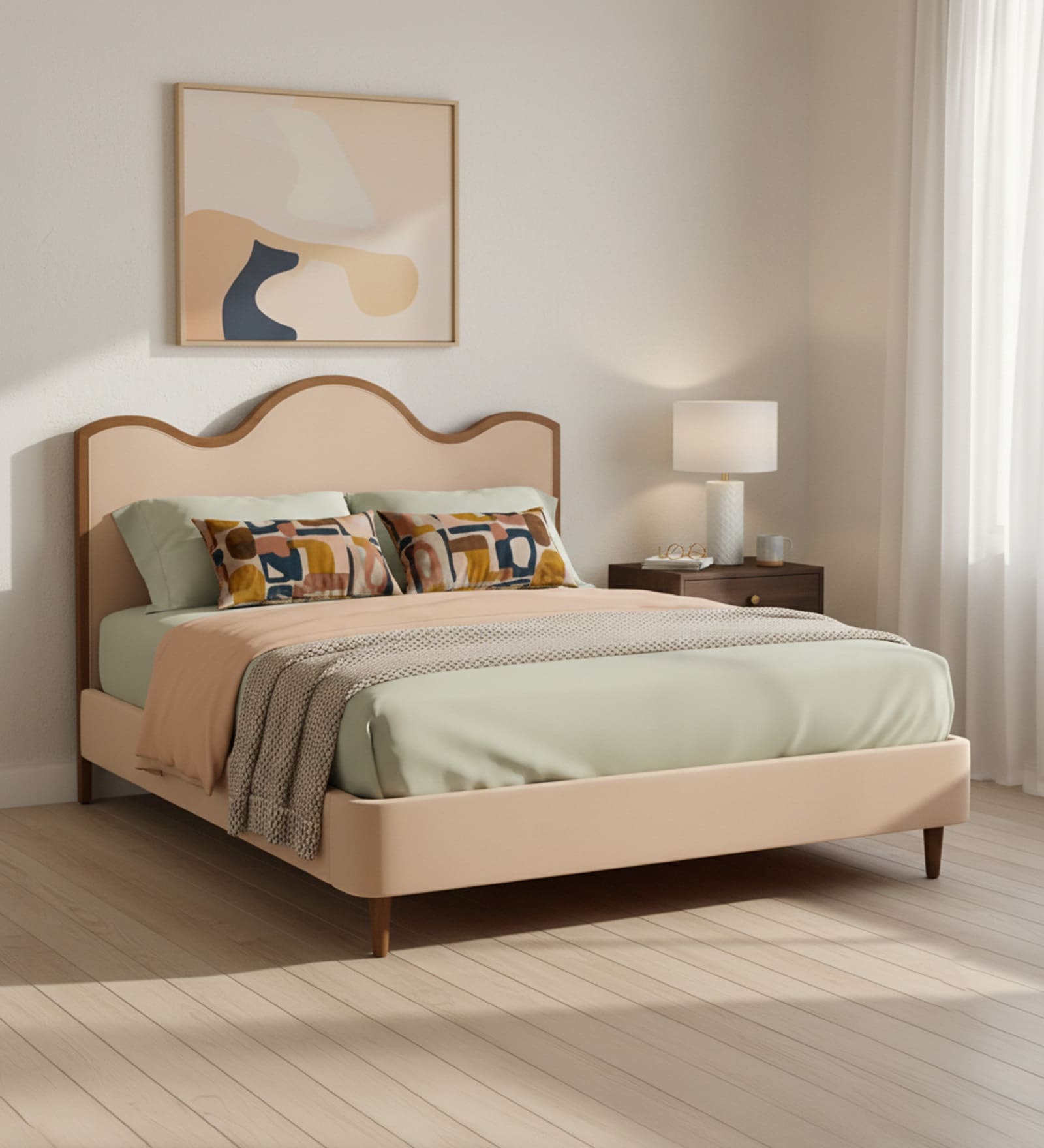 Solara Wave Luxe Queen Size Bed in velvet With Oak wood Frame & Hydraulic Storage