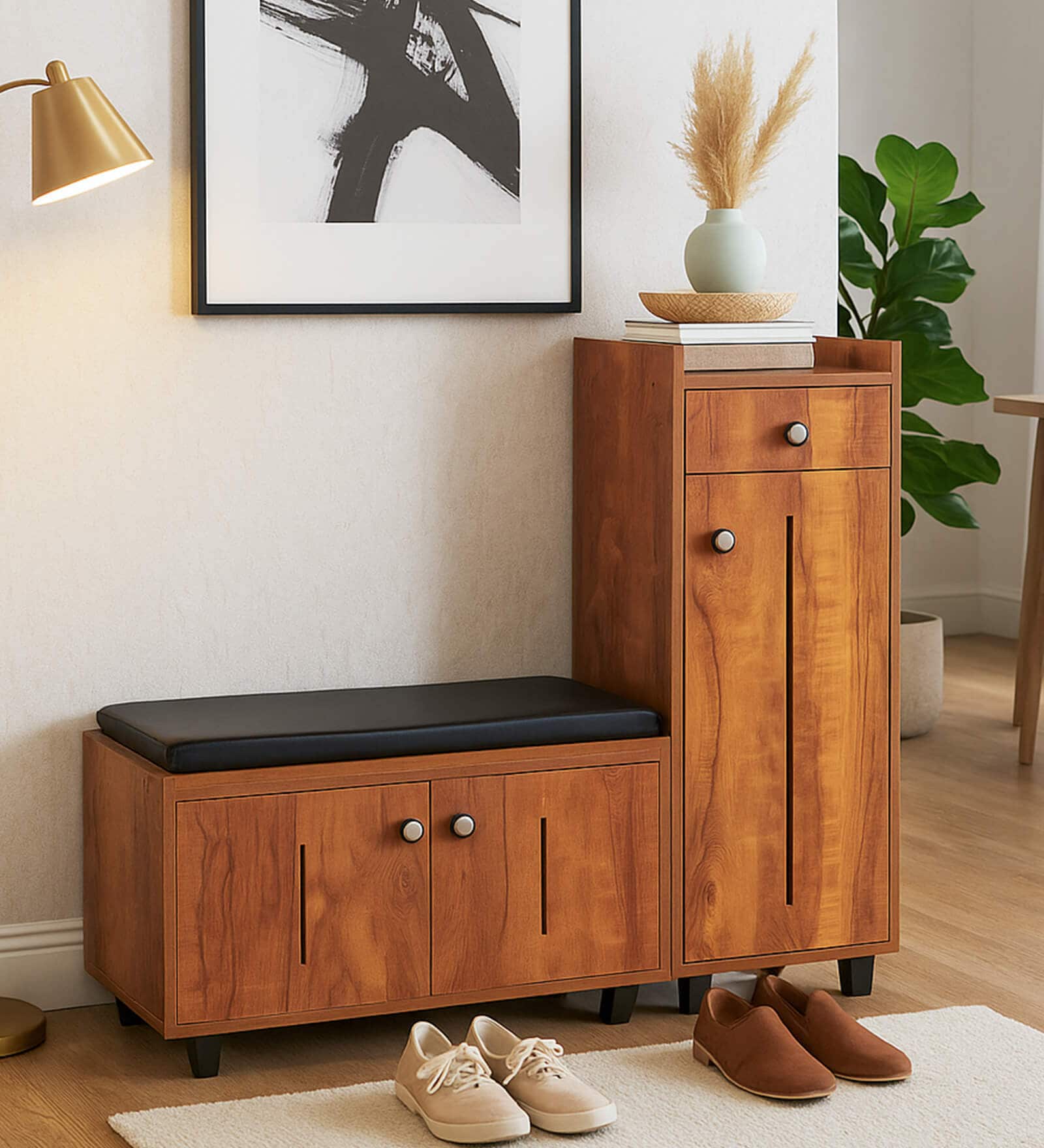 SoleFit 16-Pairs Shoe Cabinet In Tan Finish With Seating