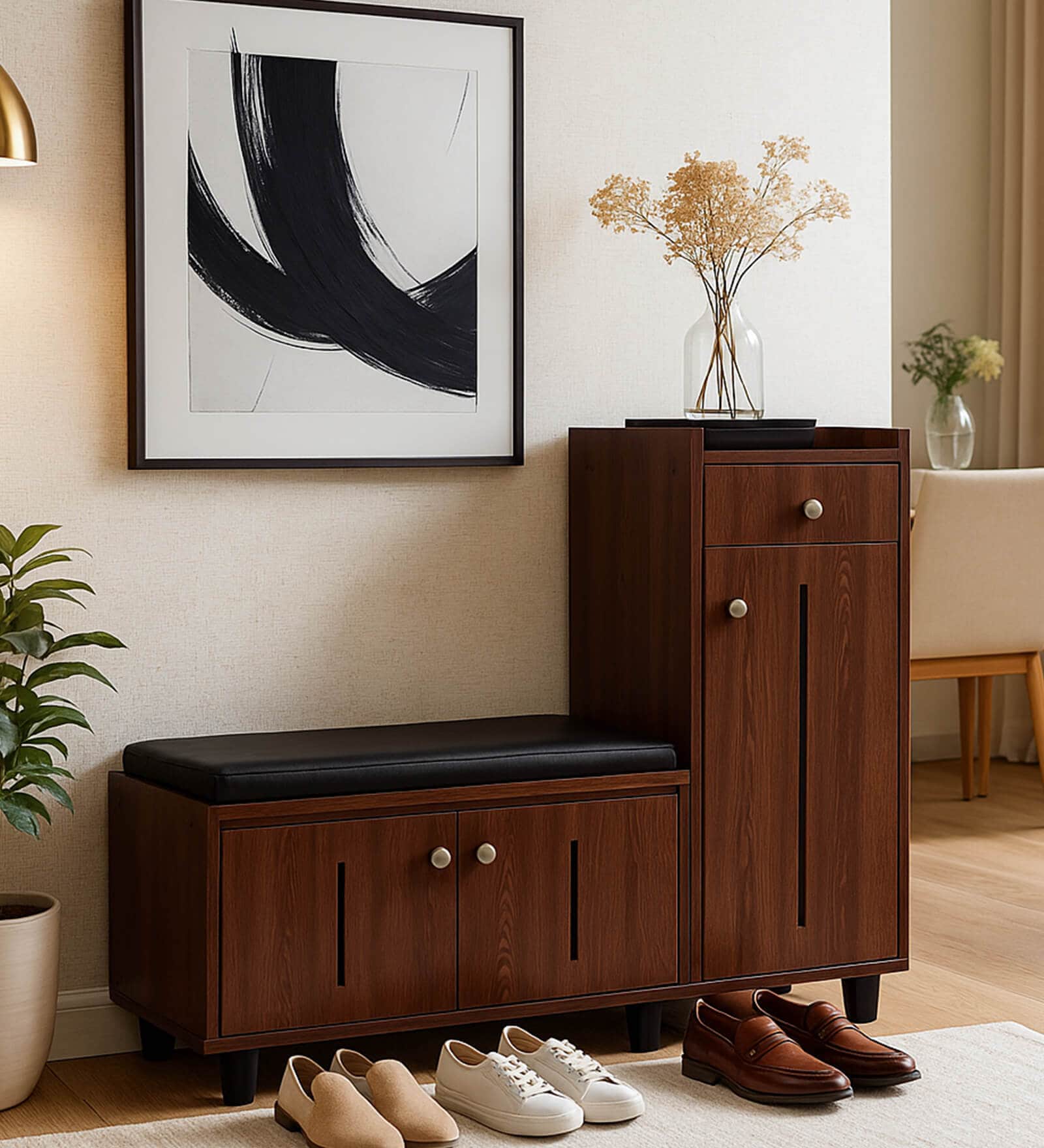 SoleFit 16-Pairs Shoe Cabinet In Walnut Finish With Seating