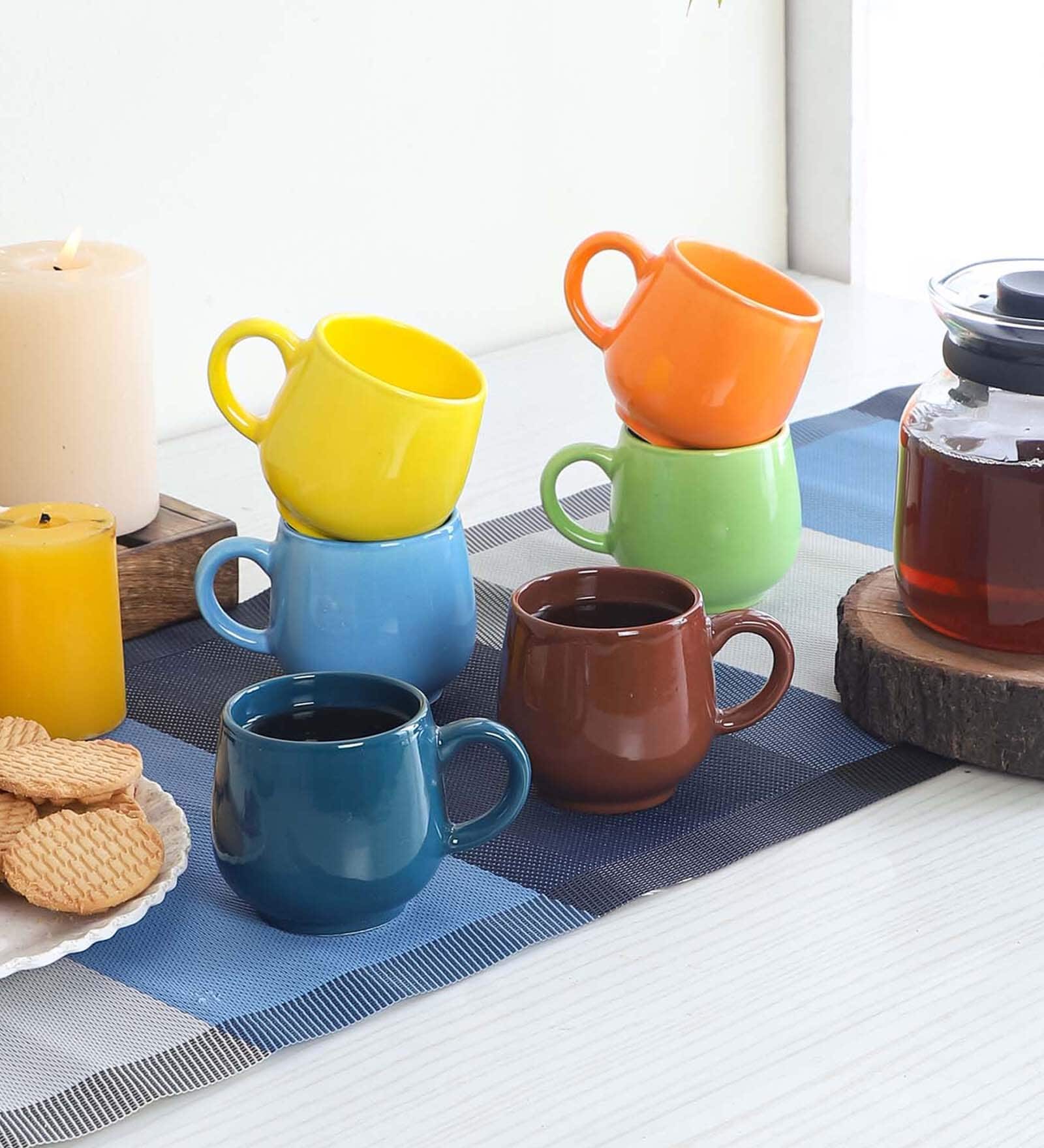 Solid 180ml Multicolour Ceramic 6 Pcs Tea Cups With Tray