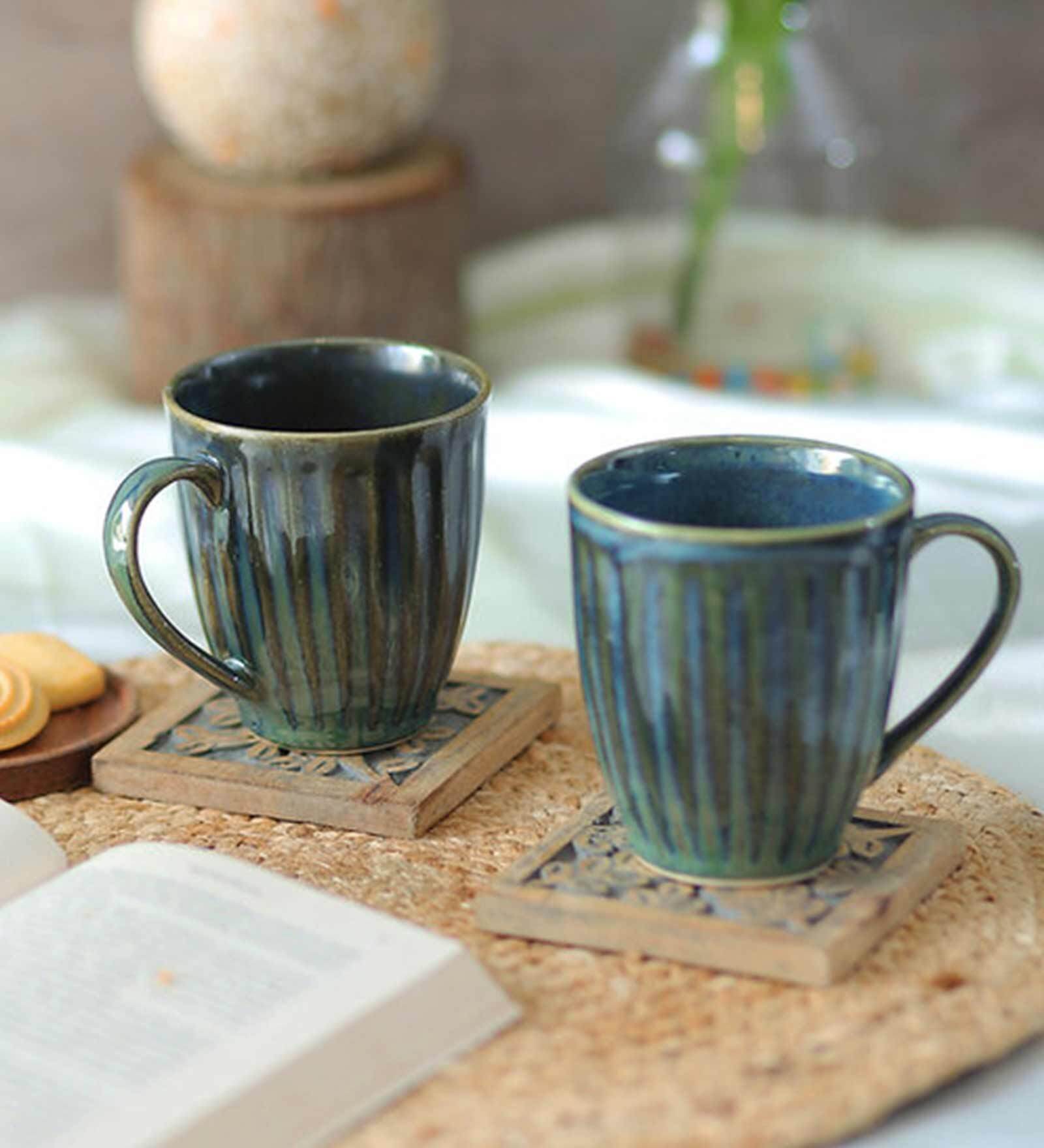Solid 300ml Green & Blue Ceramic (Set of 2) Coffee Mug