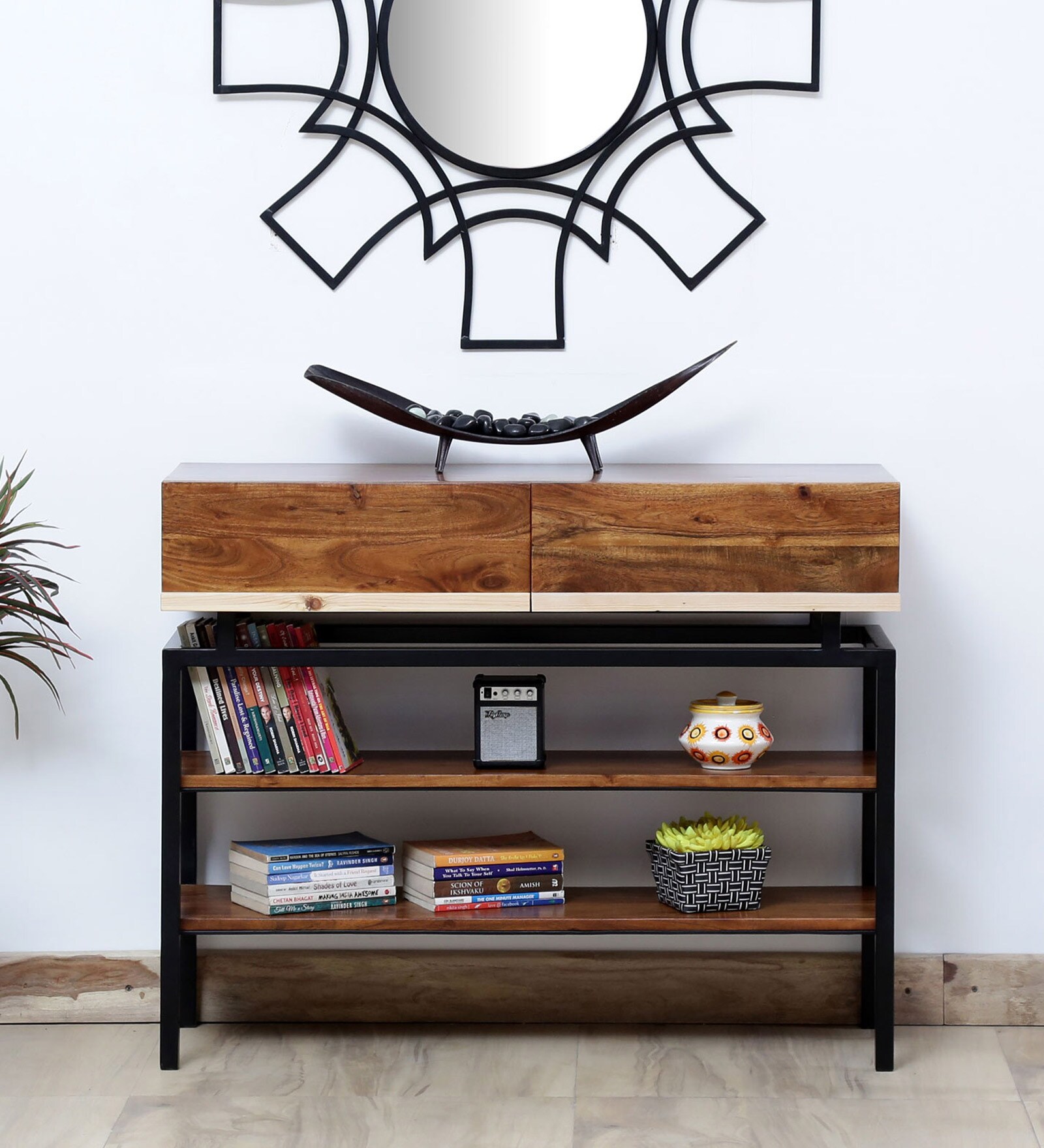 Trestle Solid Acacia Wood Console Table with 2 Drawers in Ginger Bronze Finish