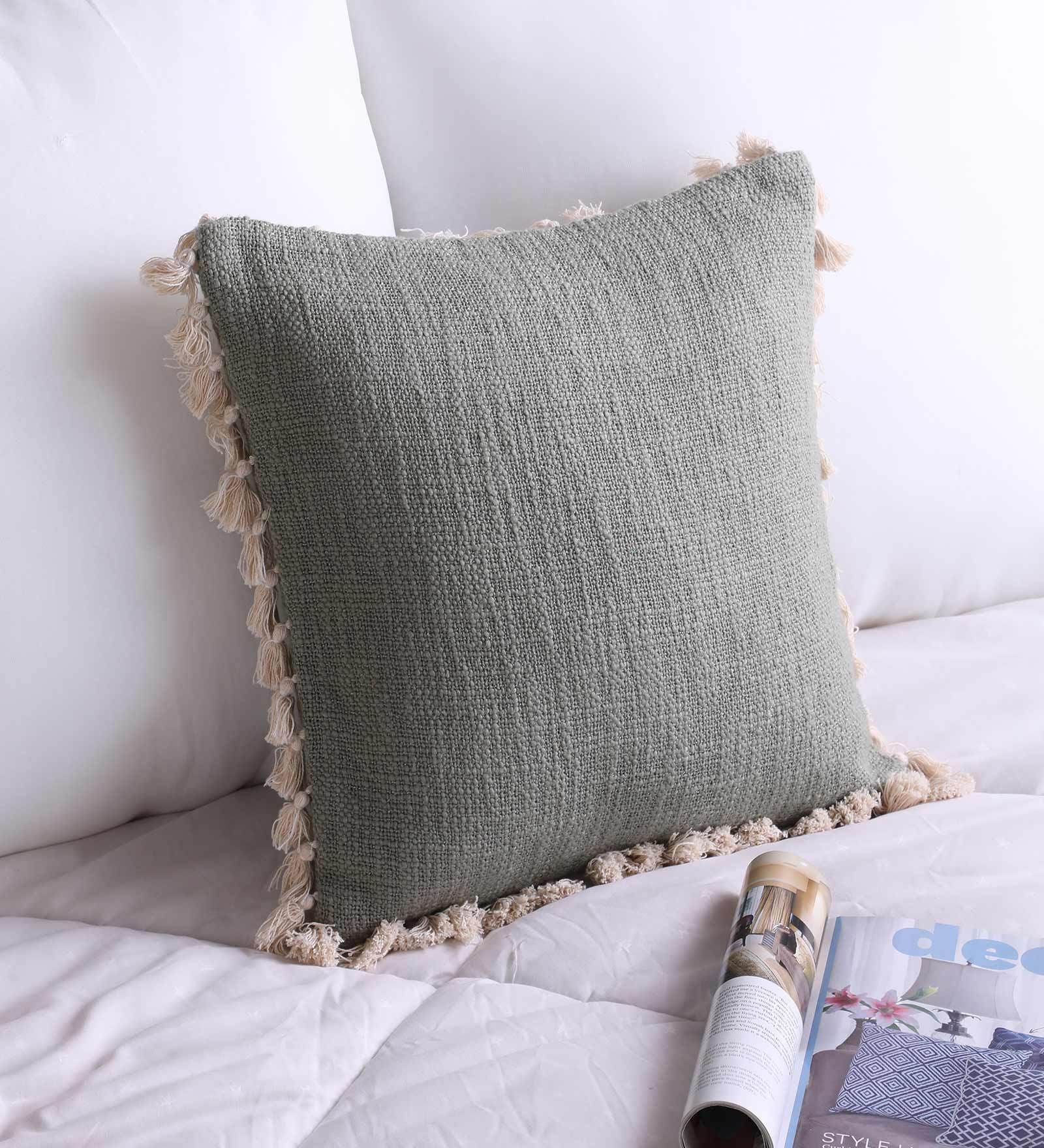 Grey Solid Cotton 16 x 16 Inches Cushion Cover with Pom Pom