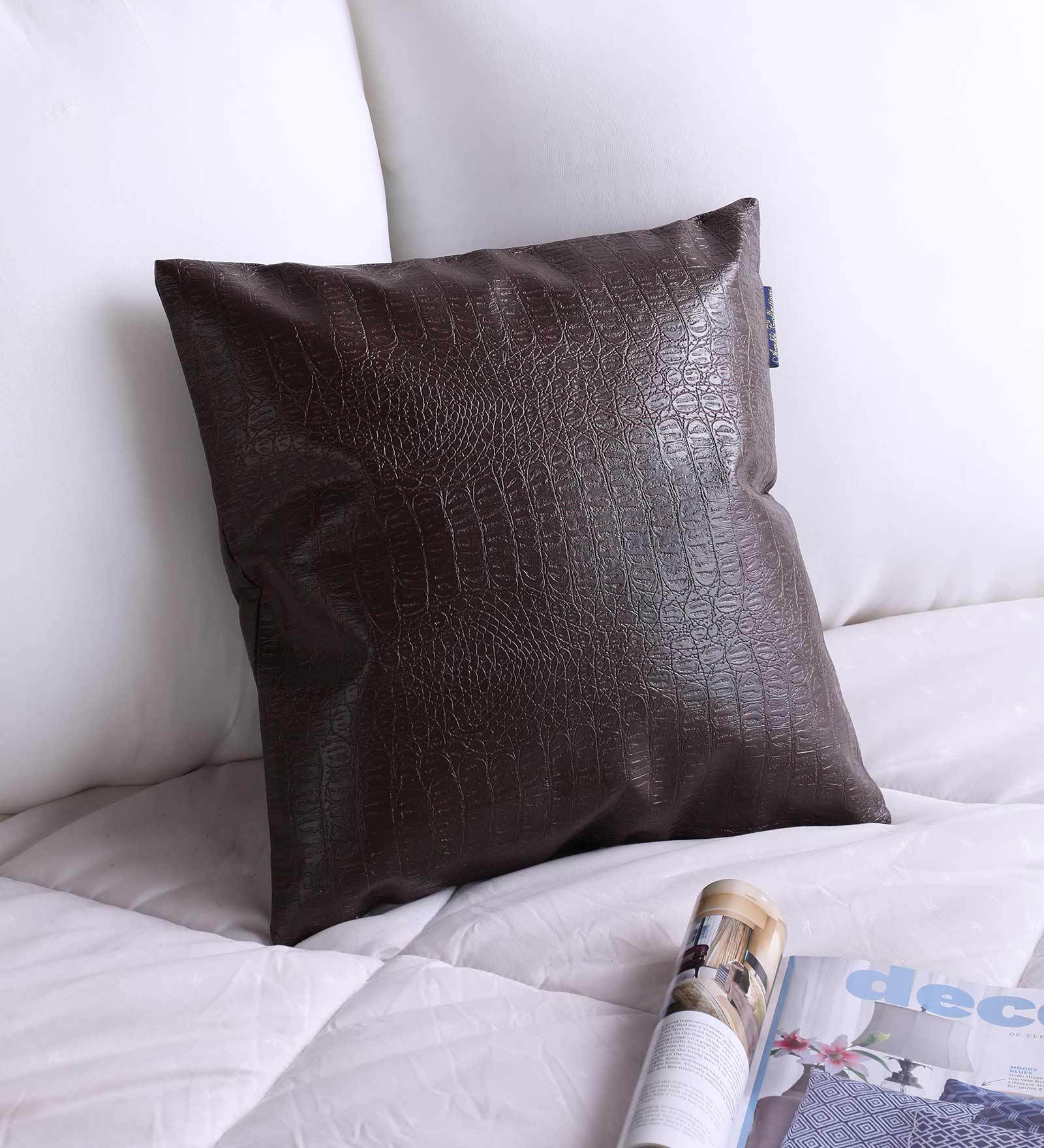 Brown Solid Leather 16 x 16 Inches Cushion Cover (1Pc)