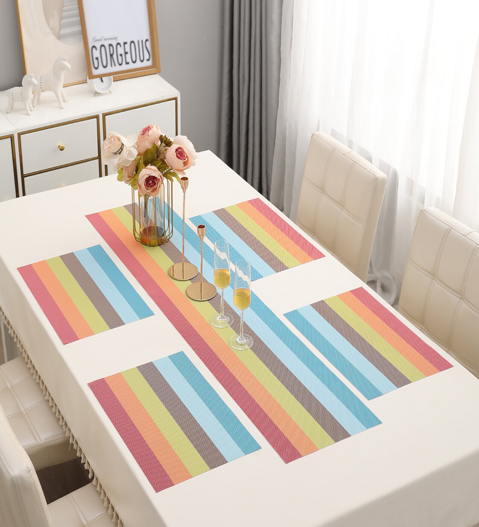 Striped Multicolor (18 x12) PVC Table Linen (Set of 5)