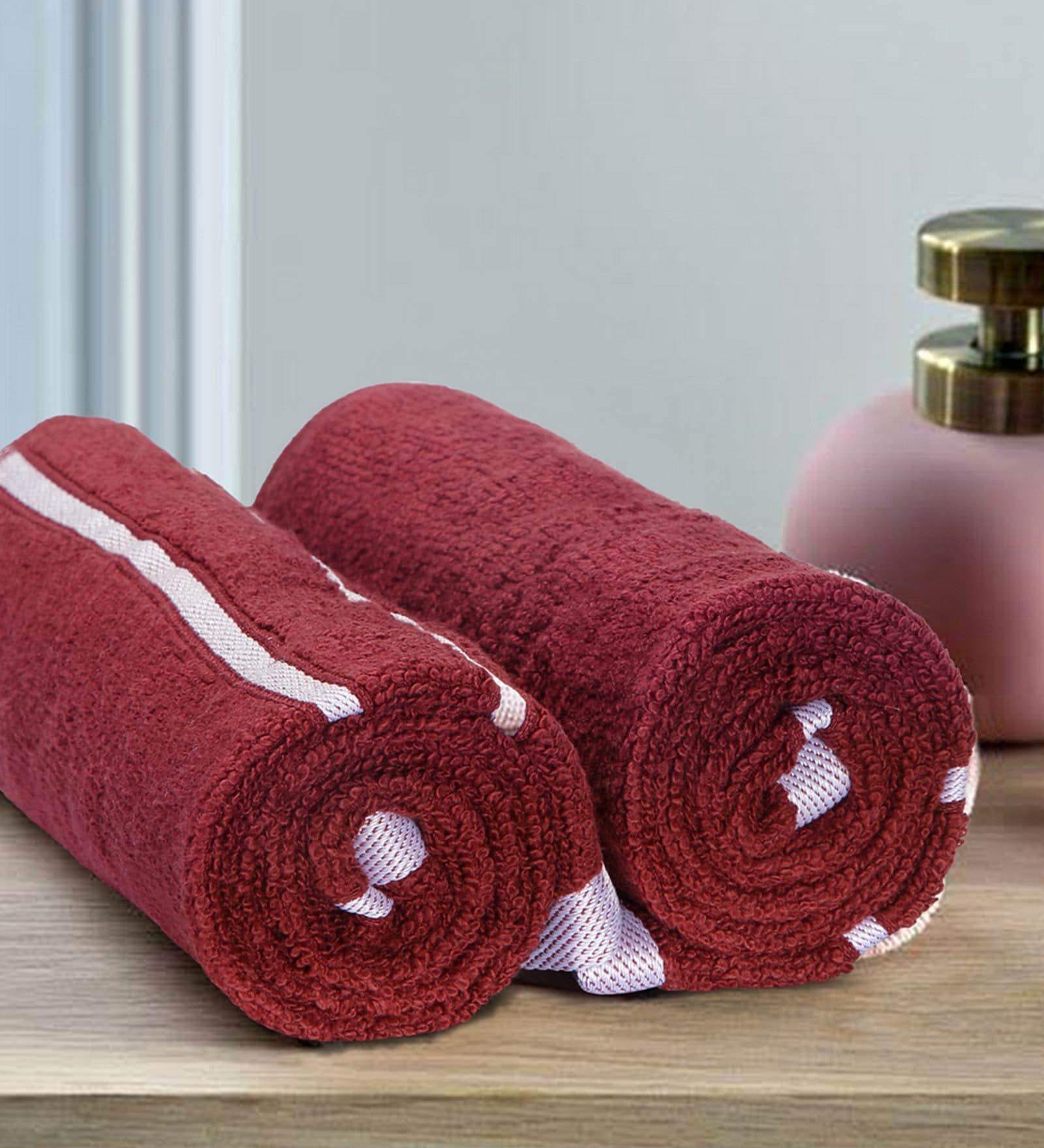 Red Patterned 500 GSM Cotton Hand Towels (Set of 2)