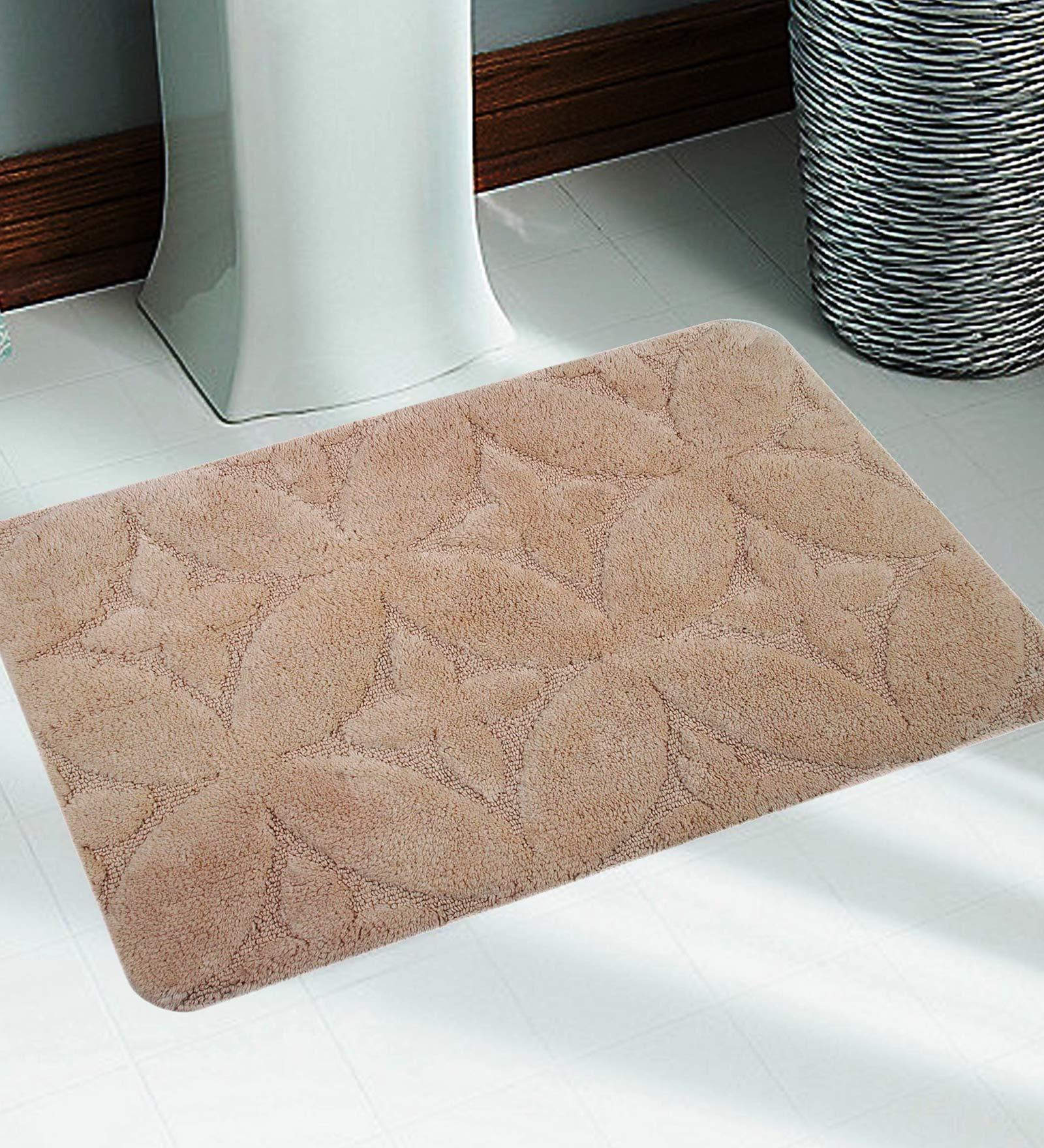 Beige Cotton Plain Floral 32X20 Inches Antiskid Bath Mat