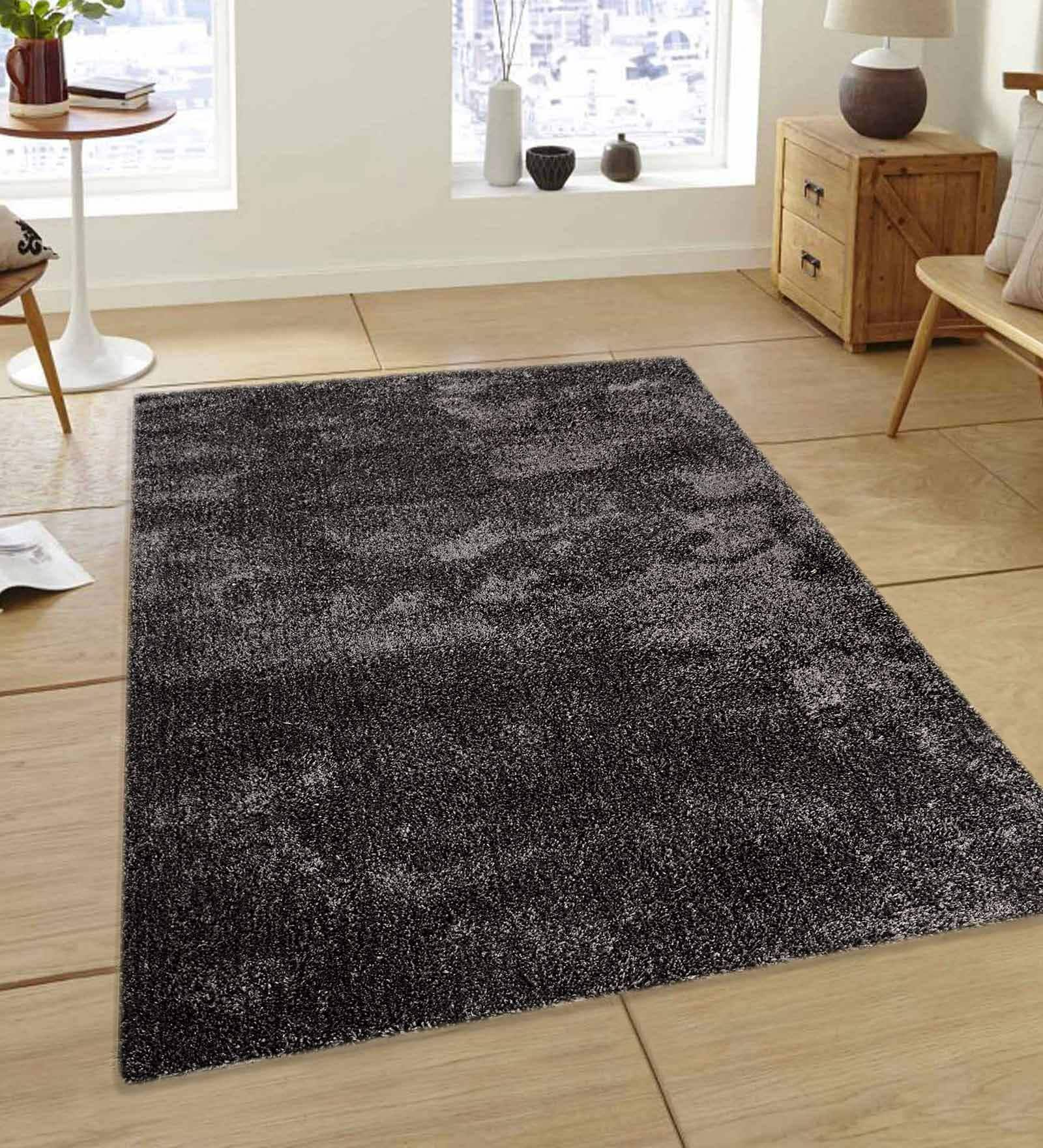 Buy Black Shaggy Polyester 6 ft x 9 ft Machine Made Carpet at 26% OFF ...