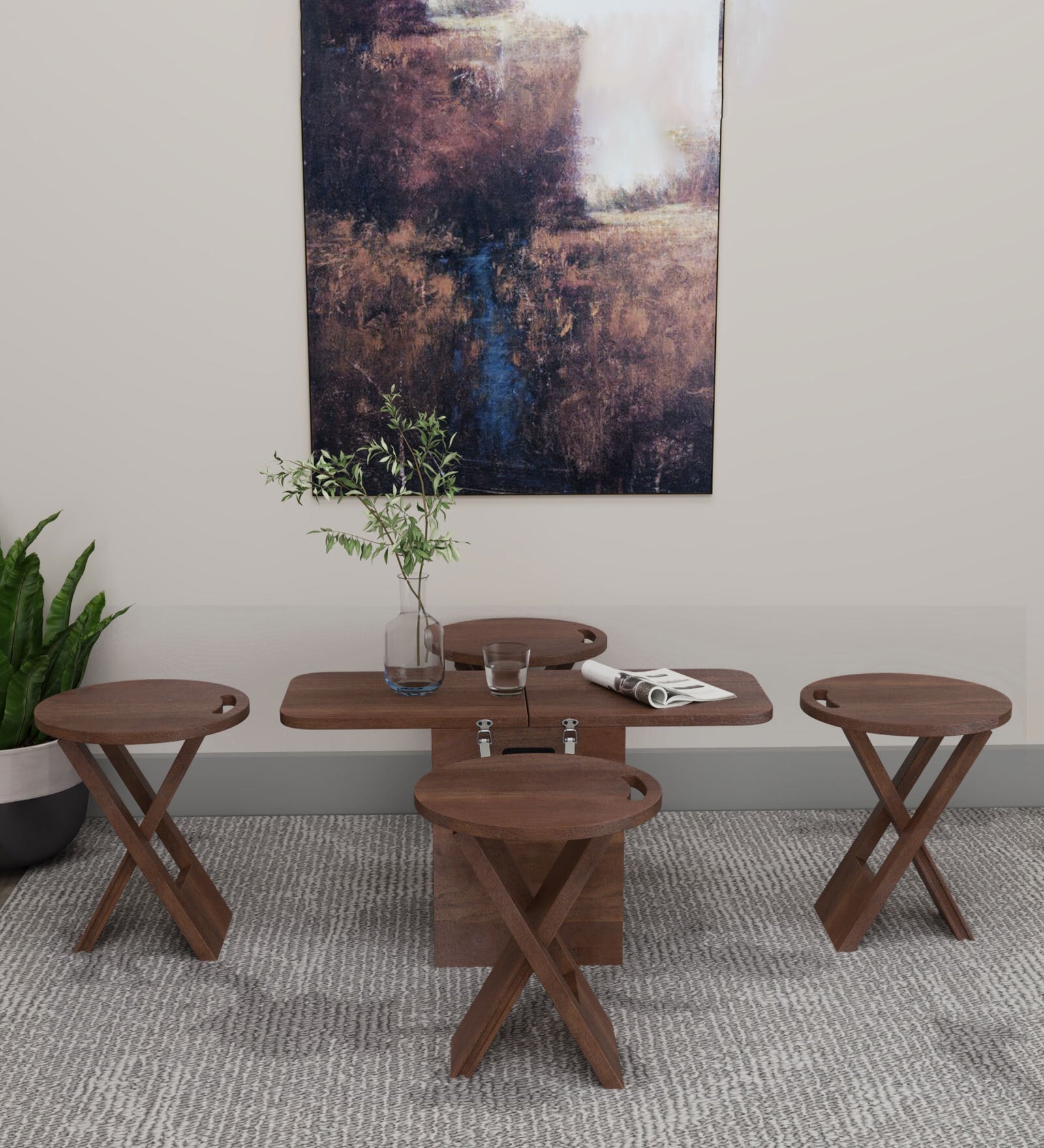 Folding Coffee Table Set In Walnut Finish