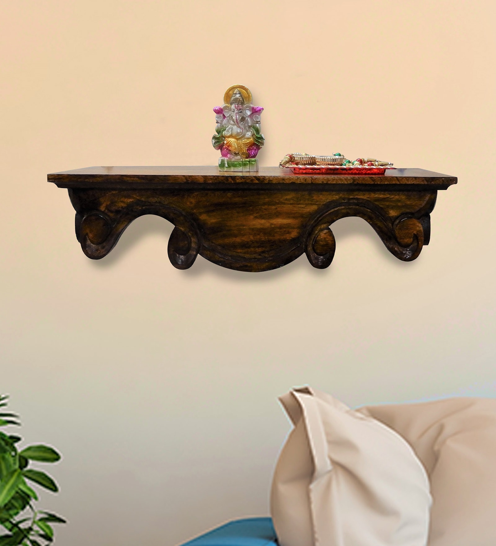 Solid Wood Floating Pooja Shelf In Brown