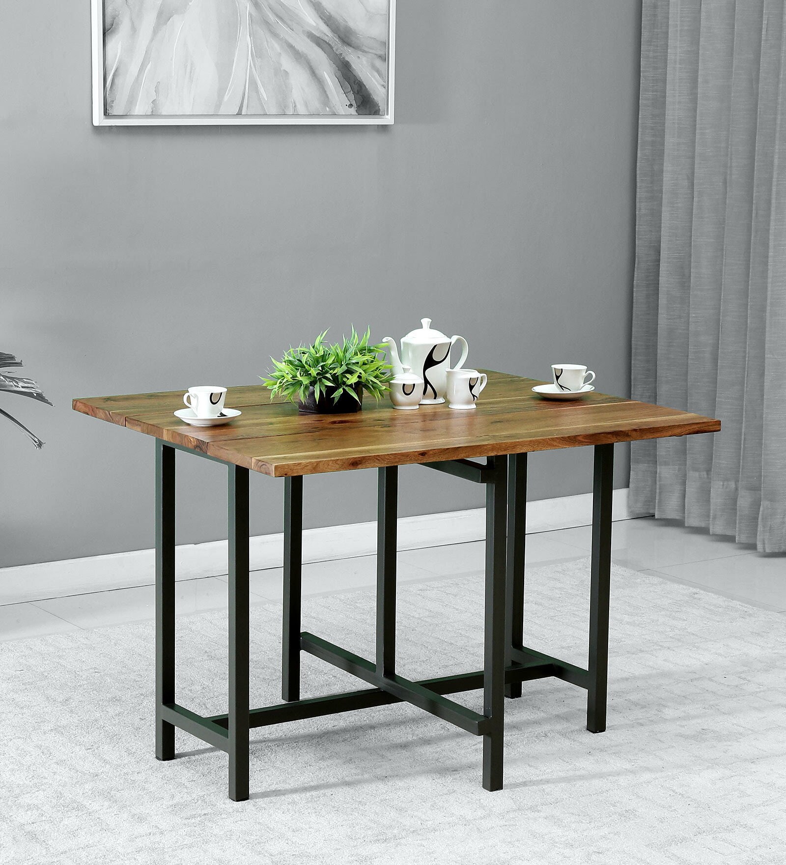 Bryant Solid Wood Foldable 4 Seater Dining Cum Console Table In Premium Acacia Finish