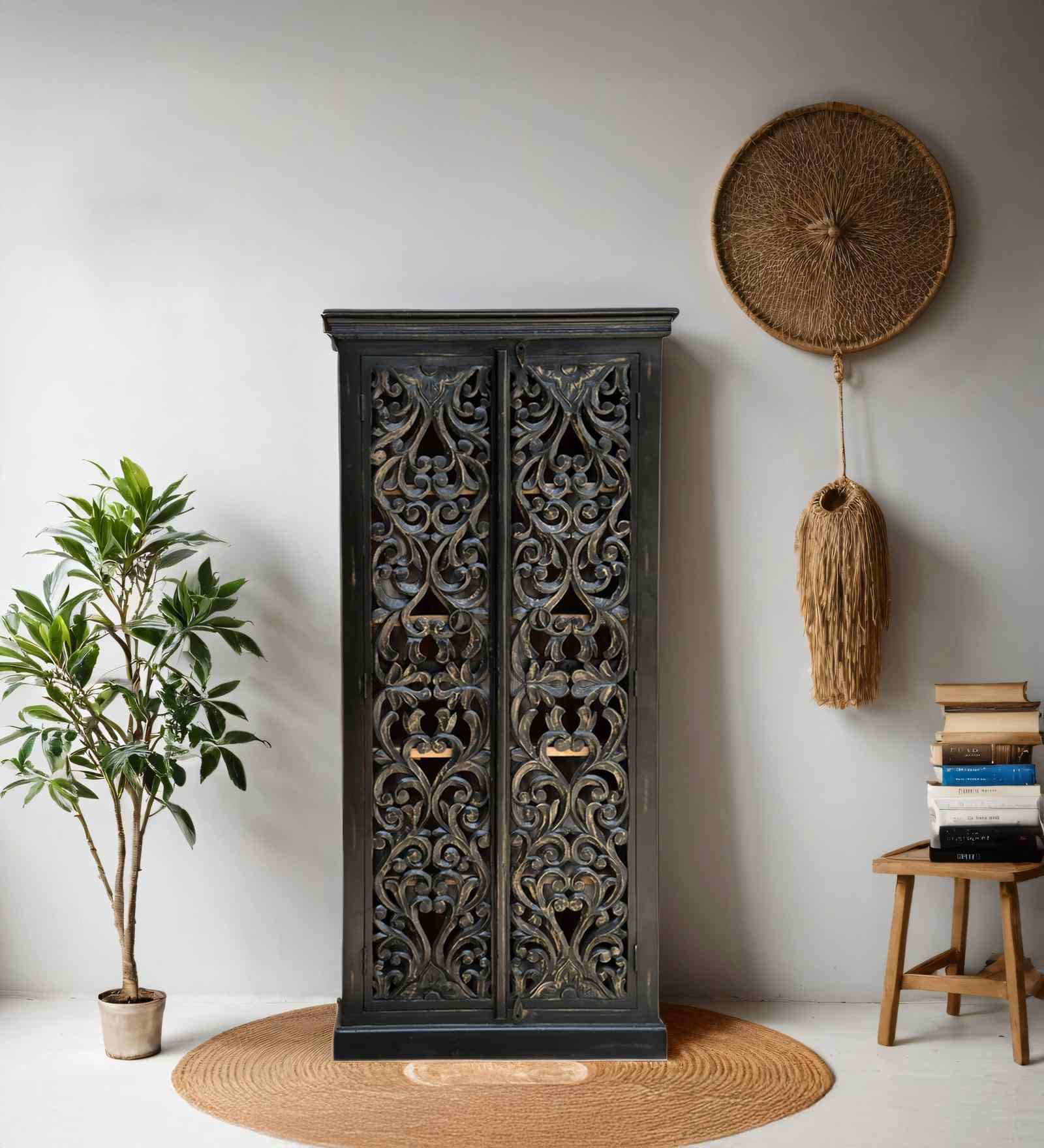 Sturdy Solid Wood Hand Carved Wardrobe in Black Finish