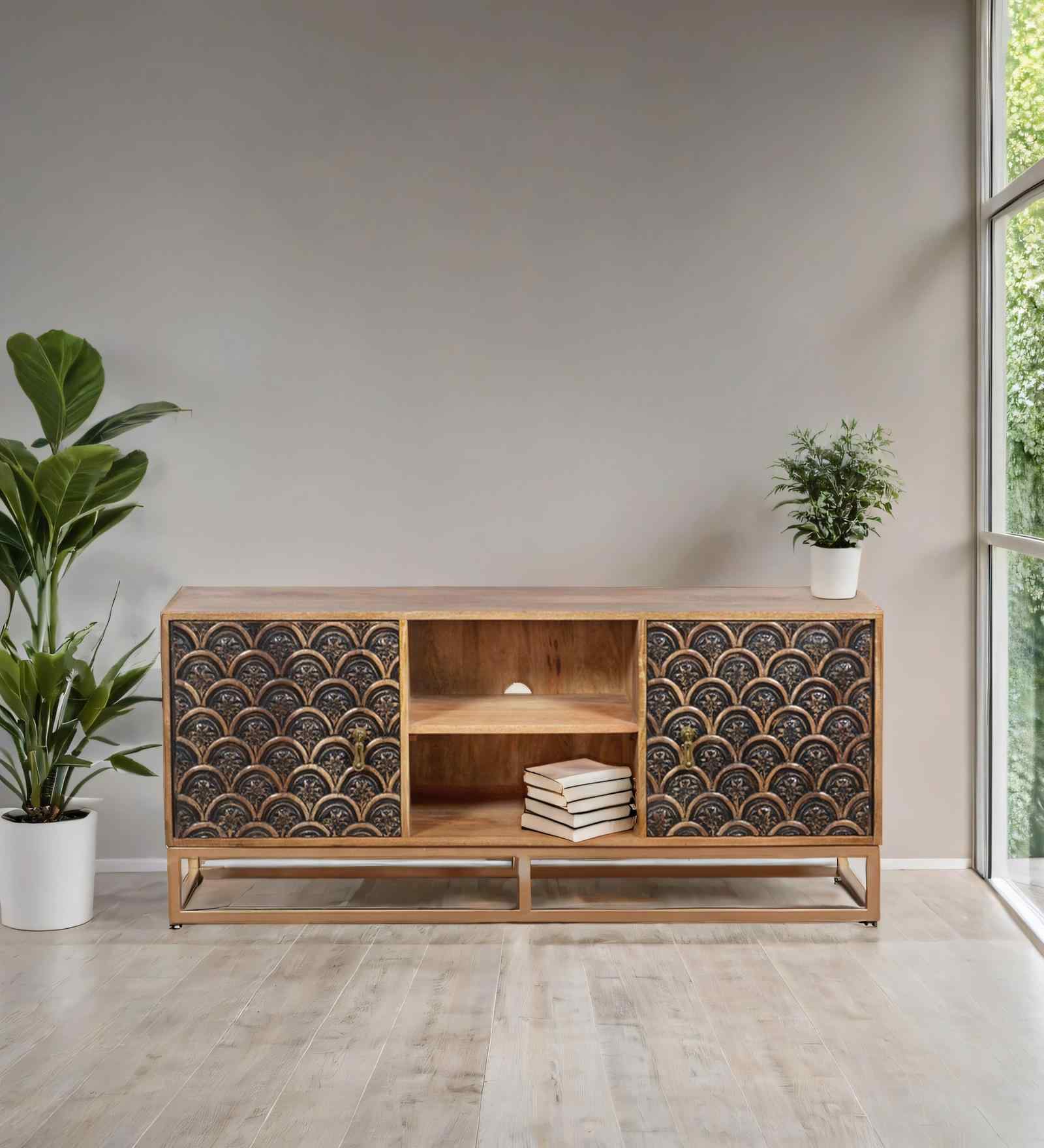 Prince Solid Wood Hand Carved TV Consle in Teak Finish