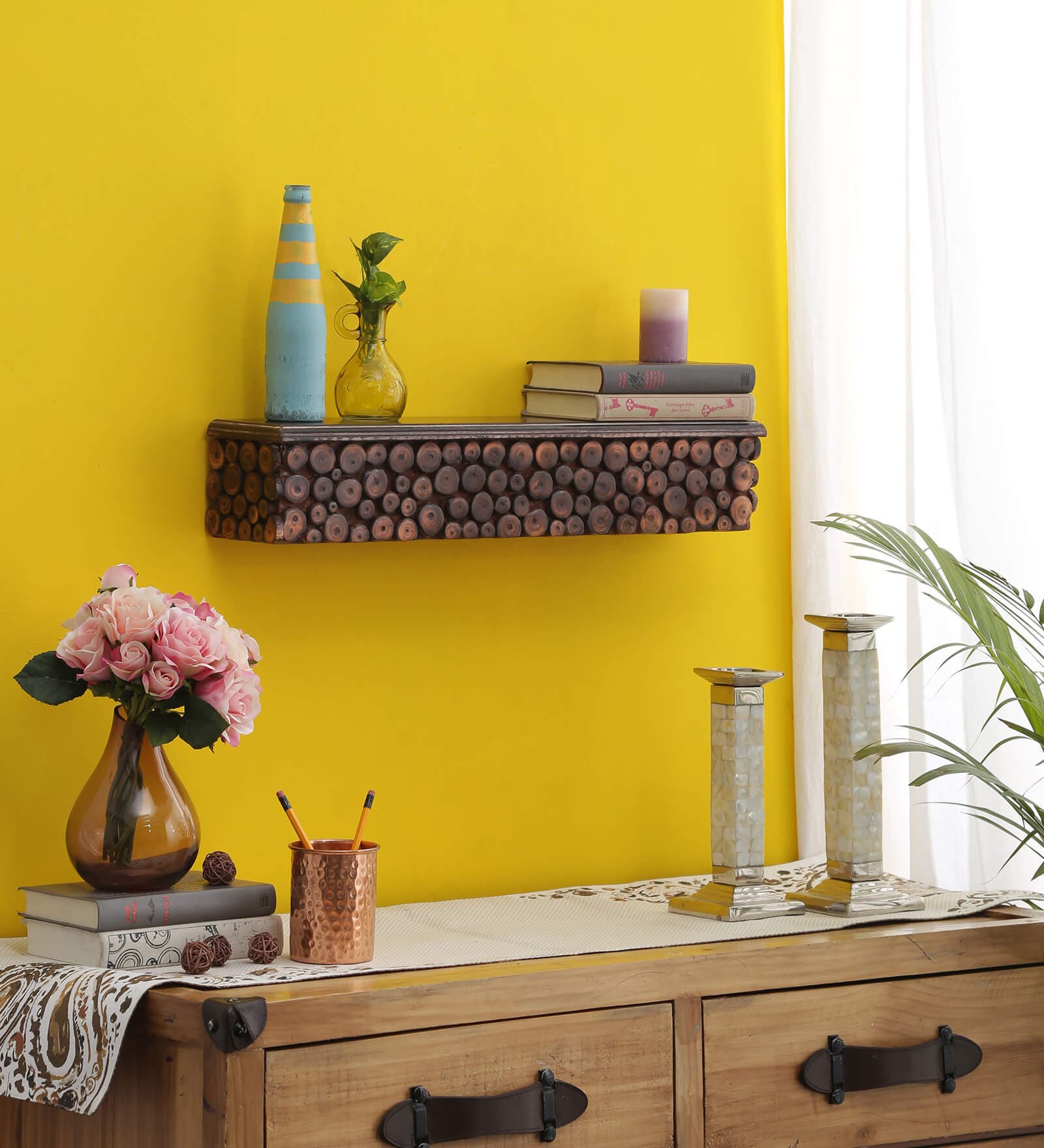 Buy Solid Wood Floating Wall Shelves in Walnut Finish in Antique Colour by Dream Arts at 10 OFF