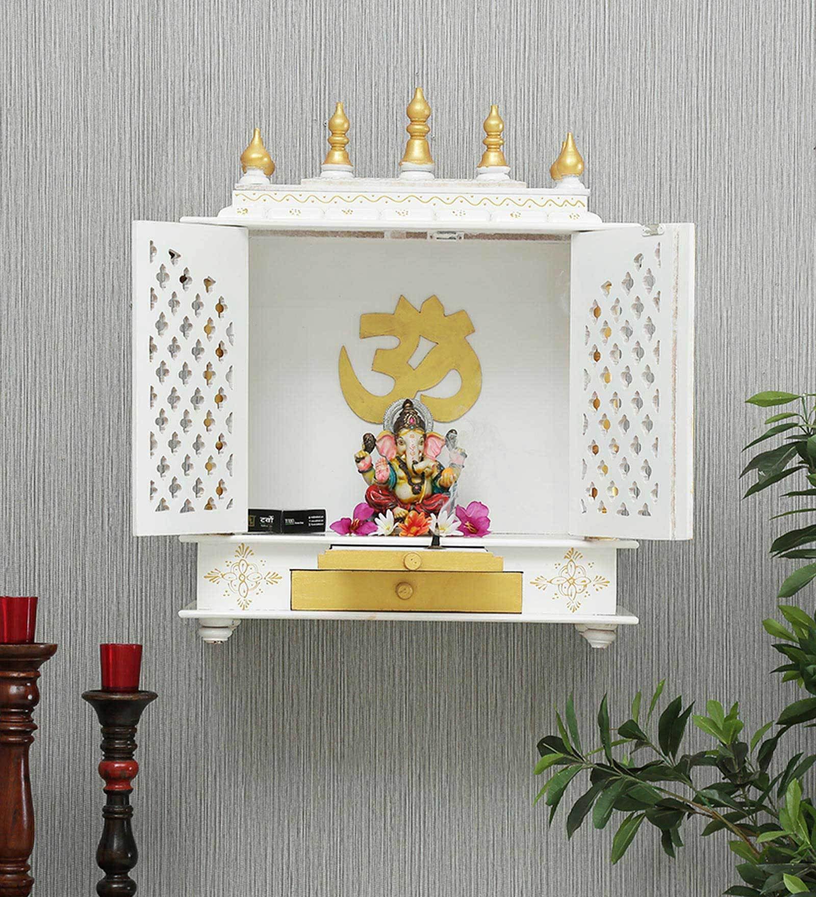 White Mango Wood Pooja Mandir With Door