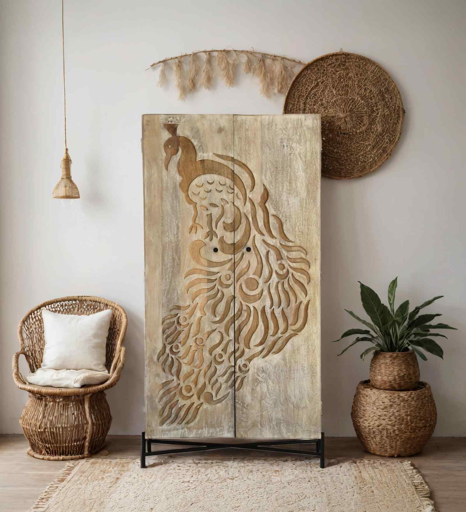 Peacock 2 Door Solid Wood Hand Carved Wardrobe in Ash Finish Peacock 2 Door Solid Wood Hand Carved Wardrobe in Ash Finish