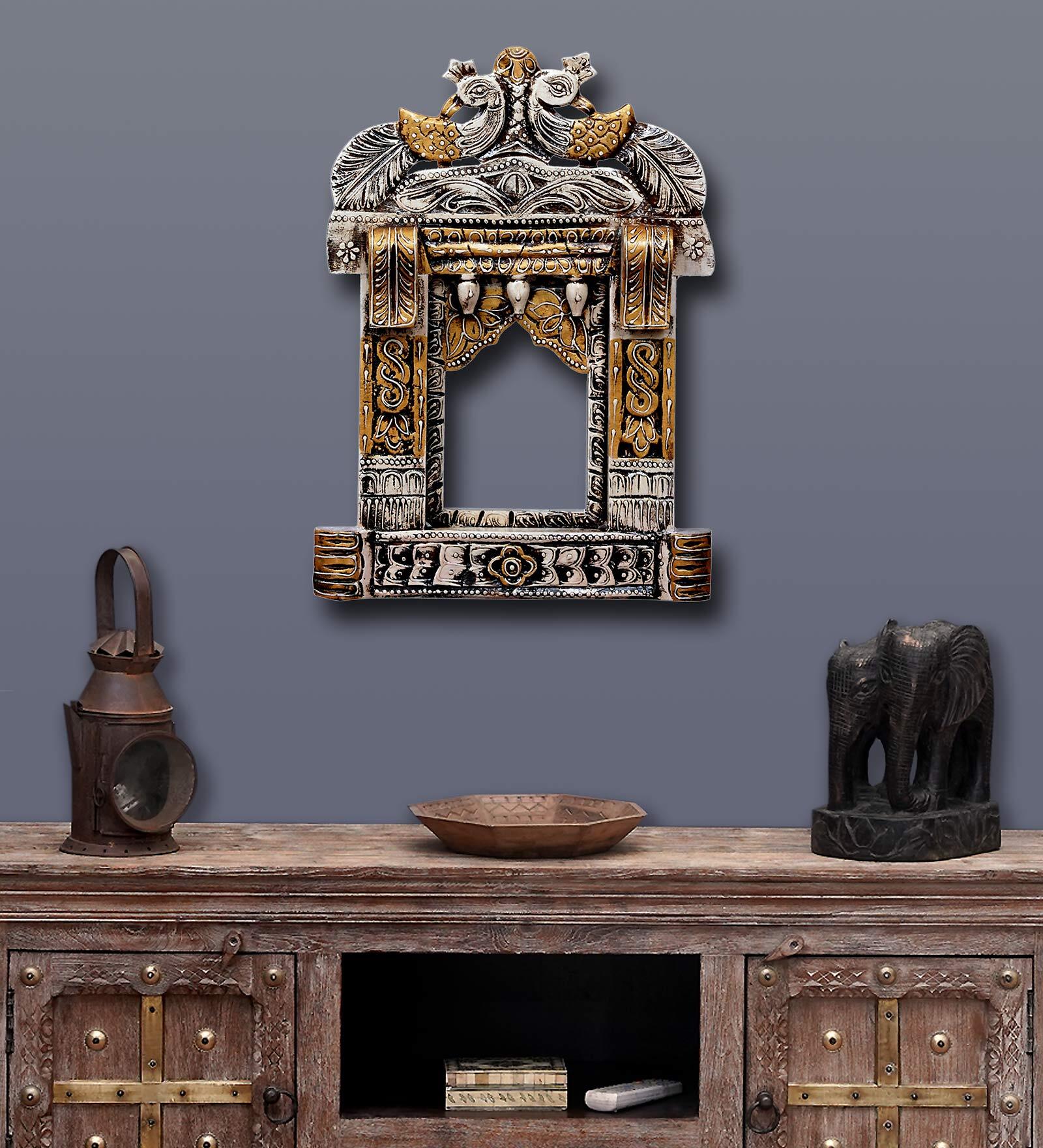 Solid Wood Peacock Jharokha in Rich Golden  Colour in Height 18''