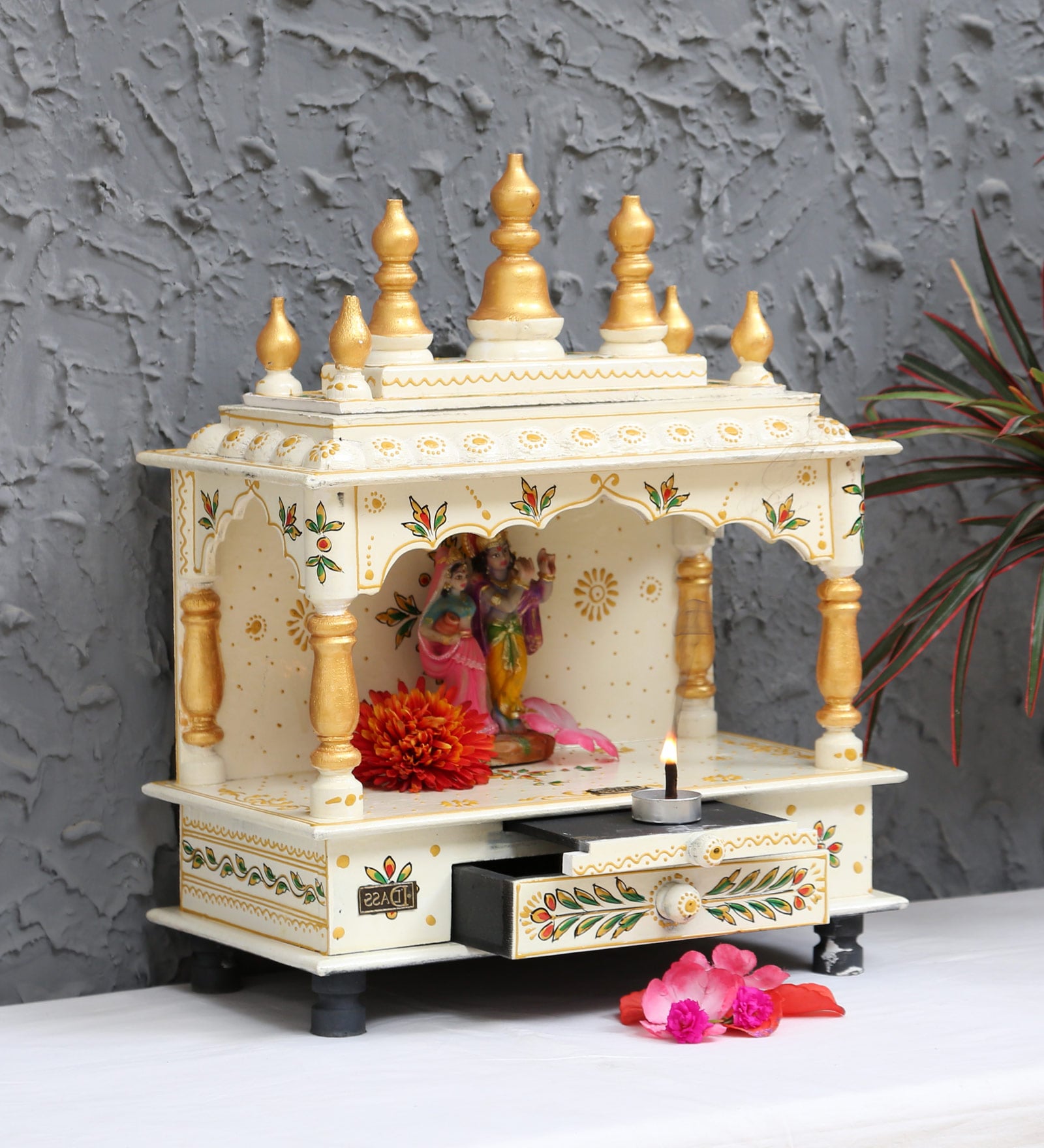 Multicolor Sheesham Wood & MDF Floor Rested Mandir Without Door