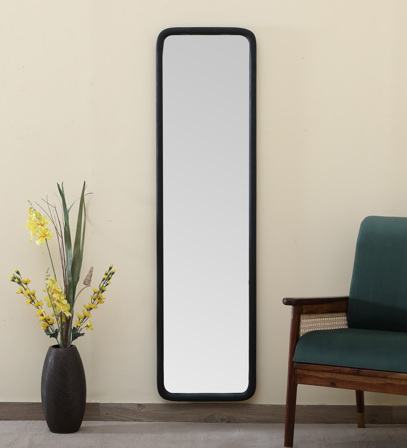 Buy Solid Wood Rectangle Full Length Mirror in Black Colour by The