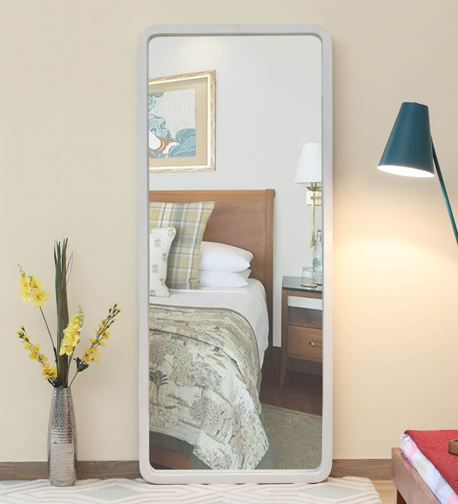 Solid Wood Rectangle Full Length Mirror in White Colour