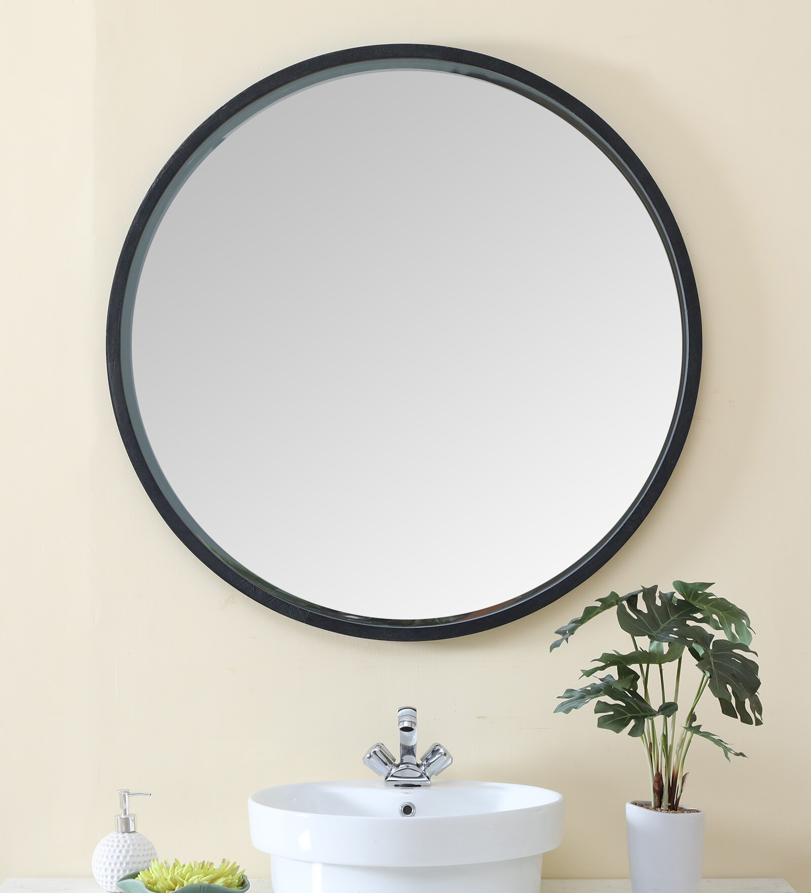 Buy Solid Wood Round Wall Mirror in Black Colour by The Krafts For