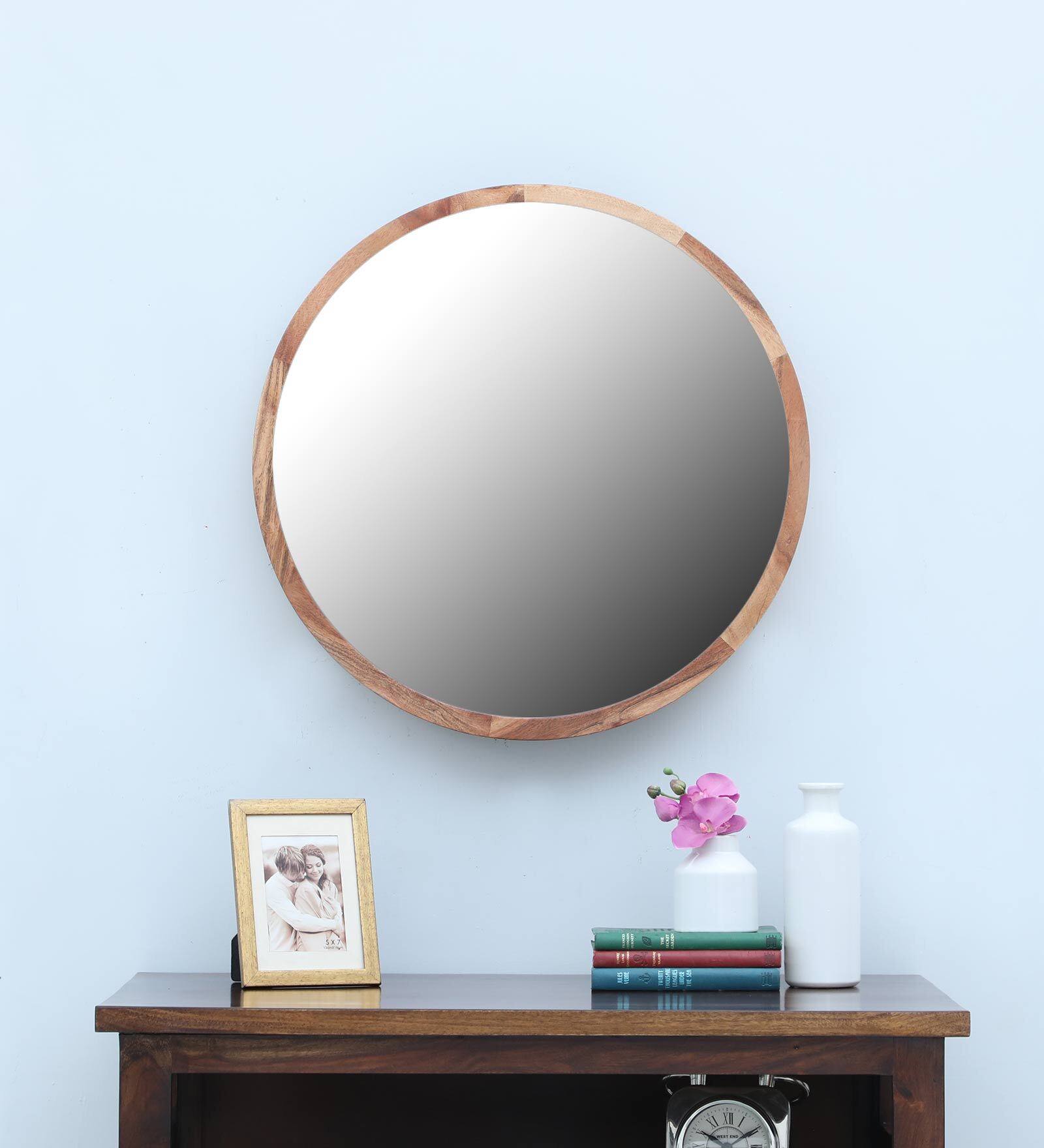 Solid Wood Round Wall Mirror in Natural Colour