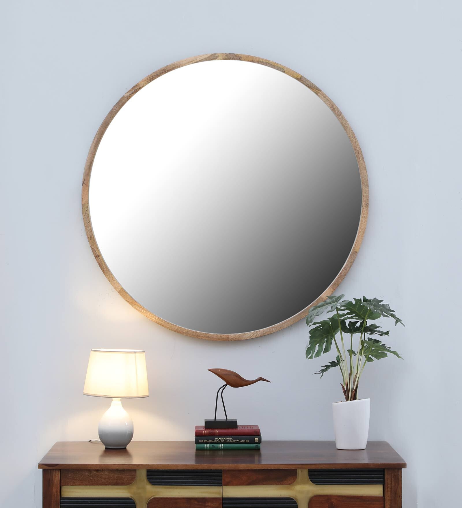 Solid Wood Round Wall Mirror in Yellow Colour