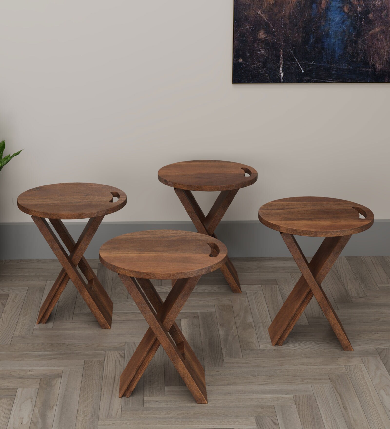 Solid Wood Seating Stool In Walnut Finish ( Set of 4)