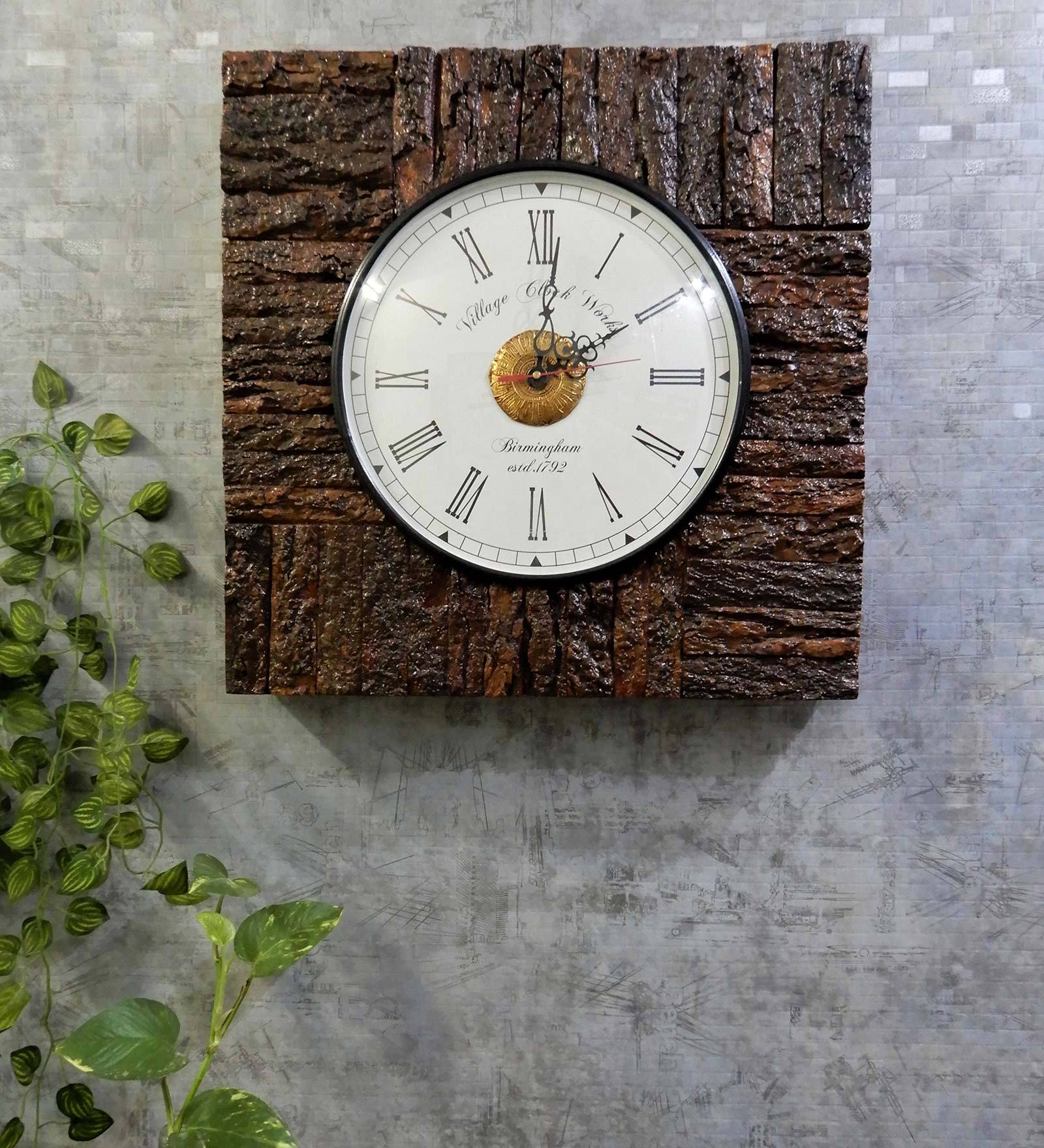 Solid Wood Square Analog Wall Clock In Brown