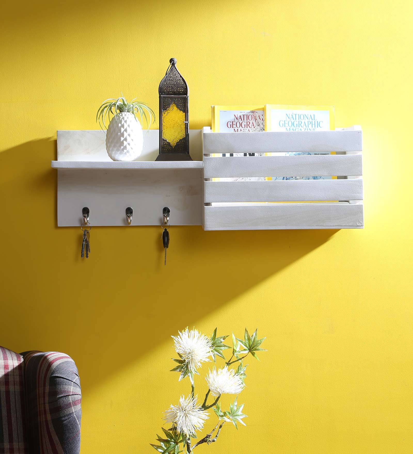 Sheesham Wood Floating Wall Shelf with Key Holder in White colour