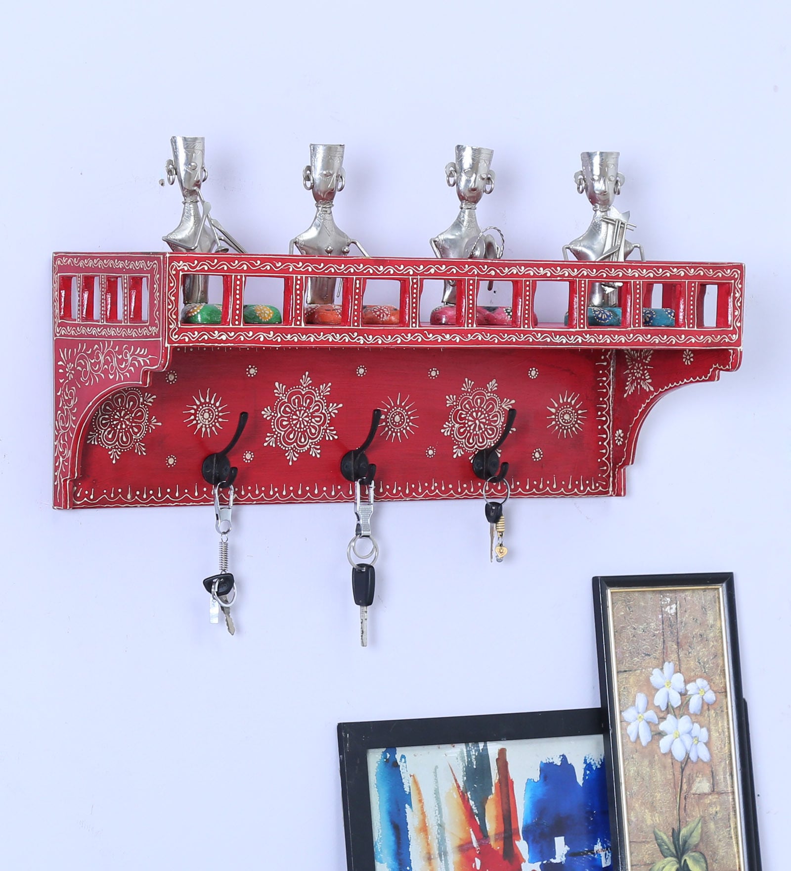 Mango Wood Floating Wall Shelf With In Red Colour Key Holder