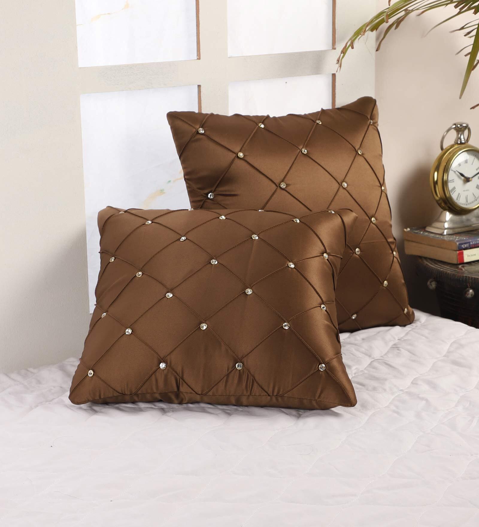 Brown Geometric Satin 16 x 16 Inches Cushion Covers (Set of 2)