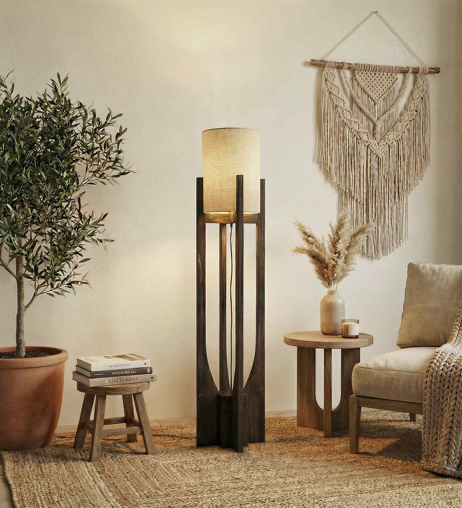 Solitaire Wooden Floor Lamp with Jute Shade & Brown Base