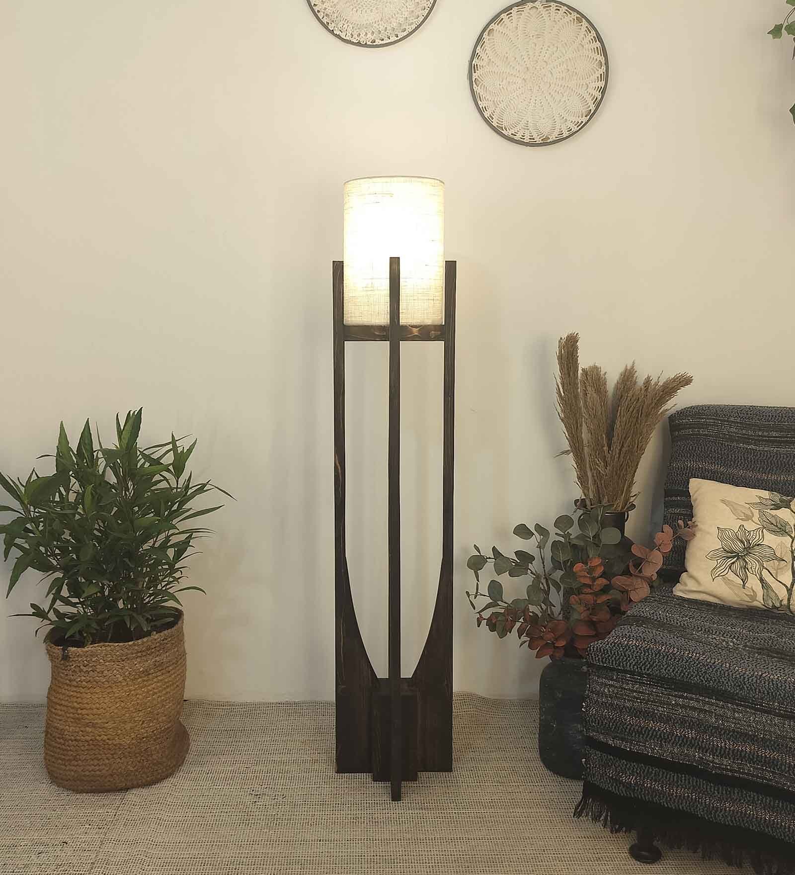 Solitaire Wooden Floor Lamp with Jute Shade & Brown Base