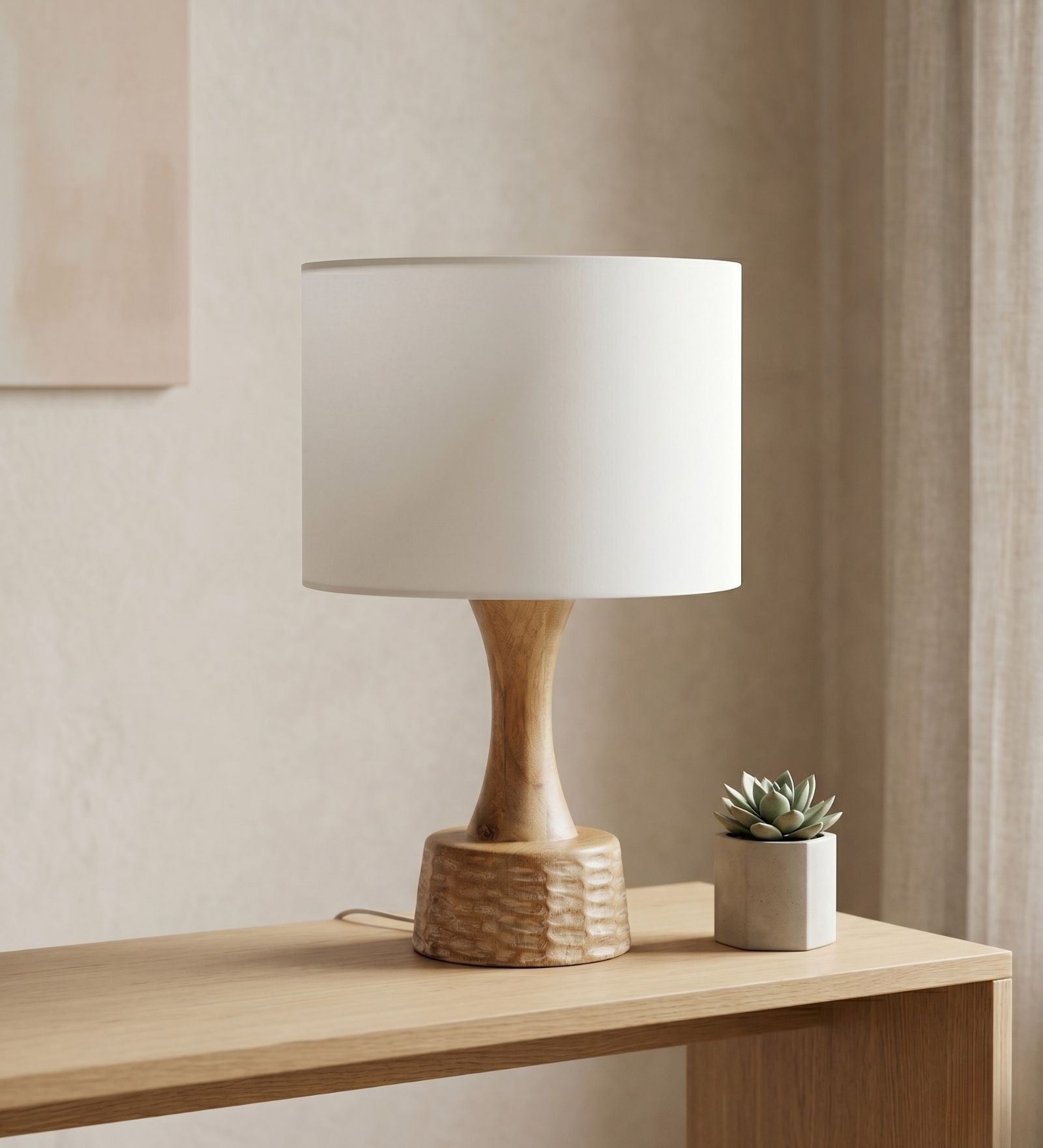 Off White Soma Handcrafted Natural Wood Large Drum Shade Table Lamp
