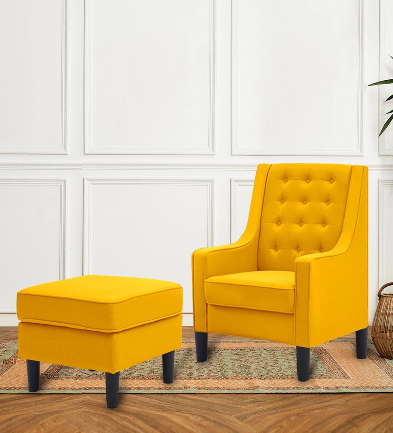 Sona Fabric Wing Chair With Ottoman In Bold Yellow Colour