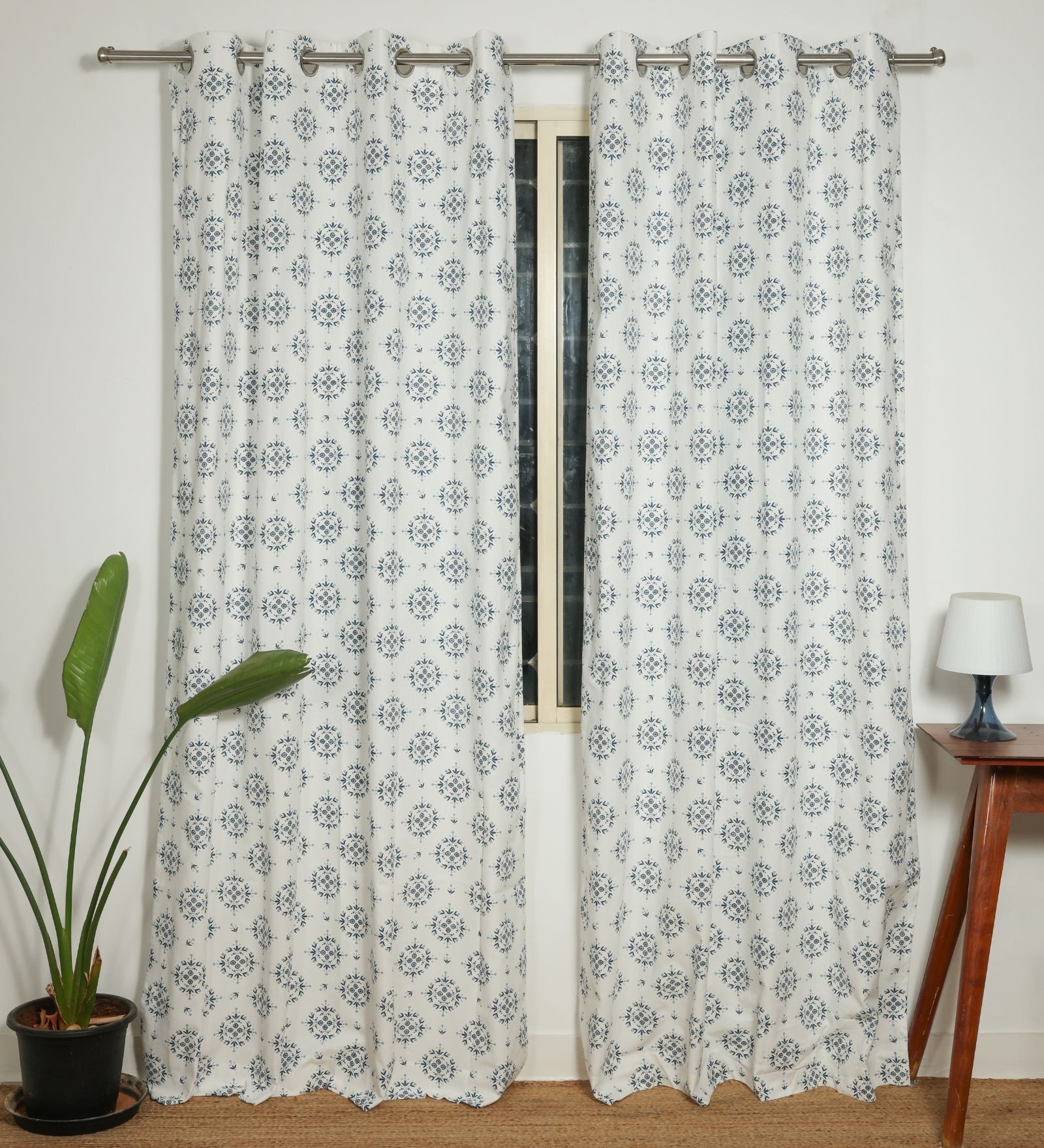 Sophia Blue Cotton 230 GSM  Ethnic 9 Feet Room Darkening Eyelet Long Door Curtains (2 Pc)