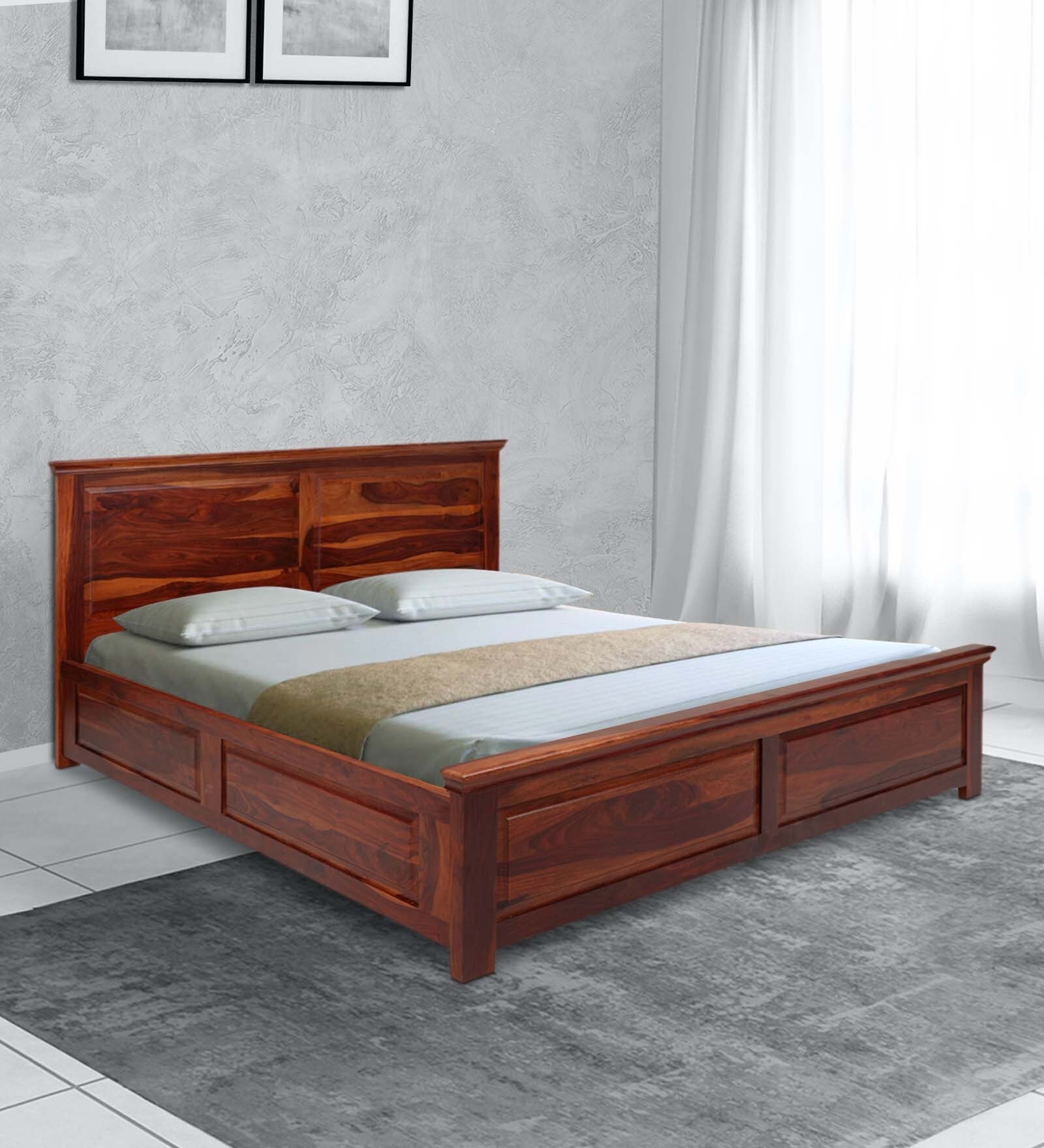 Sophia Sheesham Wood Queen Size Bed in Walnut Finish with Box Storage