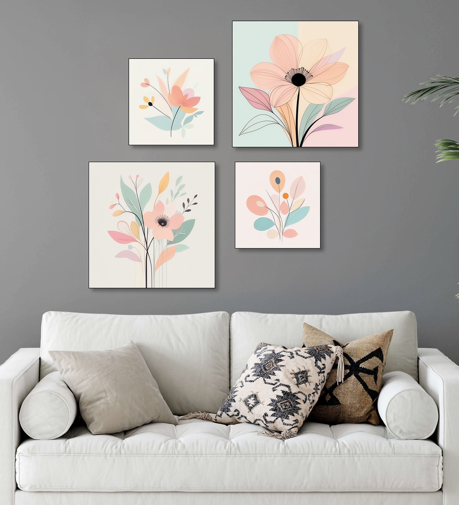 Floral Art Quartet Canvas Wall Painting Set of 4 Black Frame