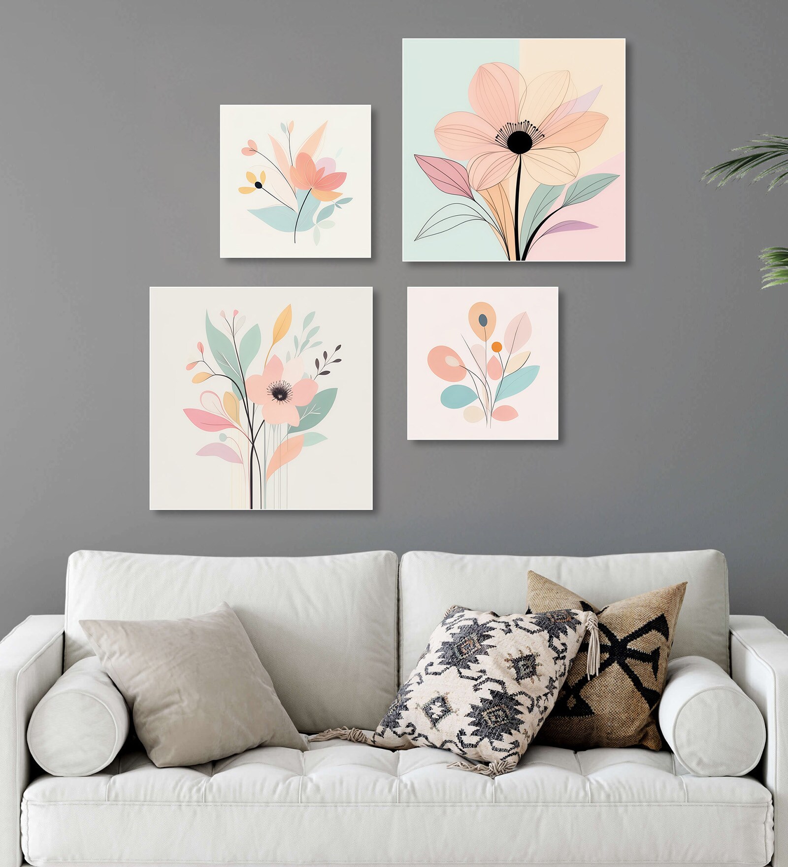 Floral Art Quartet Canvas Wall Painting Set of 4 White Frame
