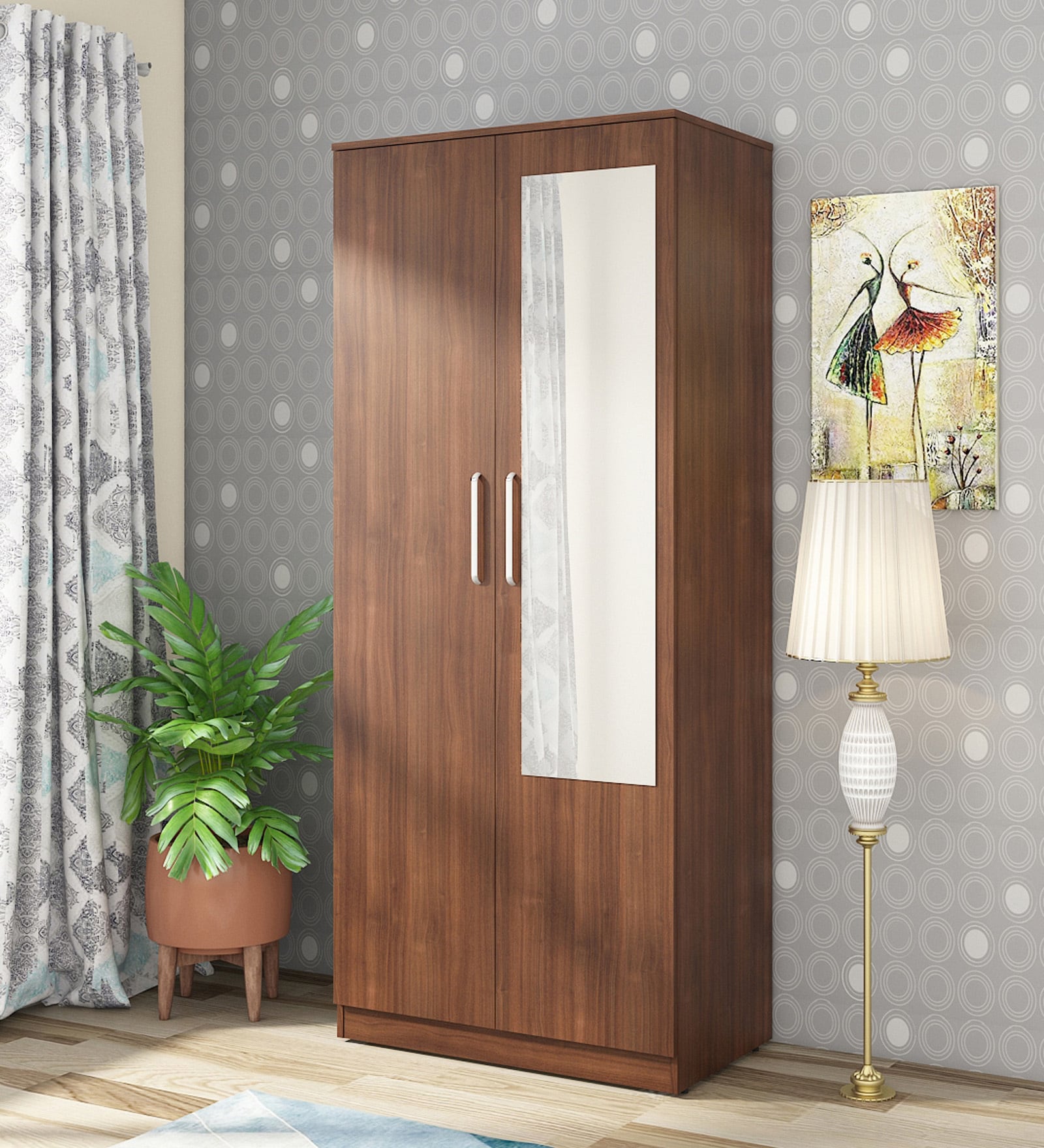 Sora 2 Door Wardrobe in Regato Walnut Finish with Mirror & Drawer