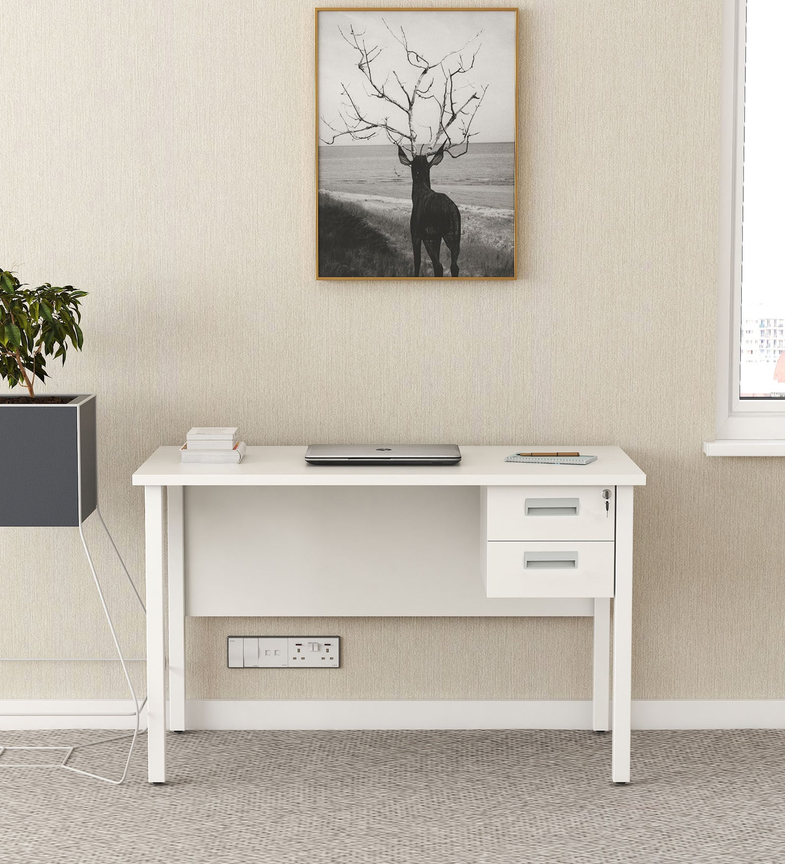 Workstation In Everest White Finish With Drawers